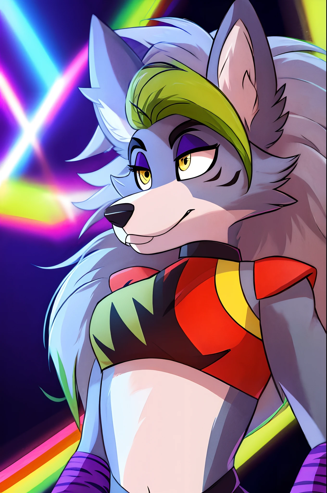 (best quality, highres, ultra-detailed), female, hairy, fur, makeup, wolf ears, wolf tail, gray hair, green hair, yellow eyes, crop top, vibrant colors, dramatic lighting