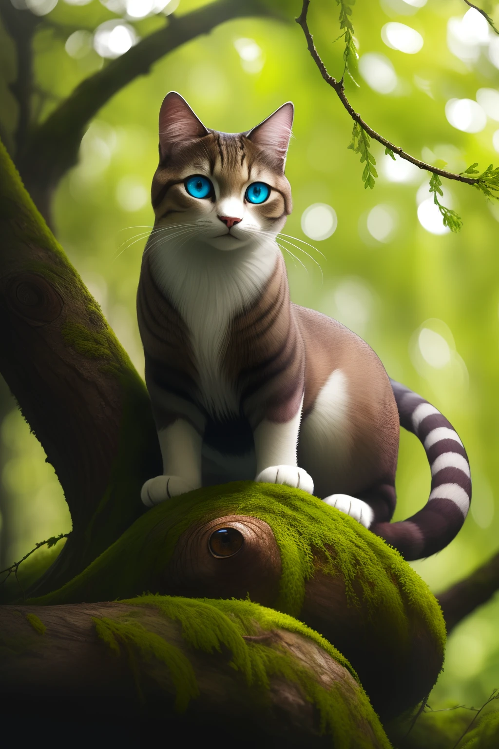 (best quality,highres,masterpiece:1.2),detailed fur,shimmering eyes and detailed features,soft,blurred background with dim light,elaborate moss on branches