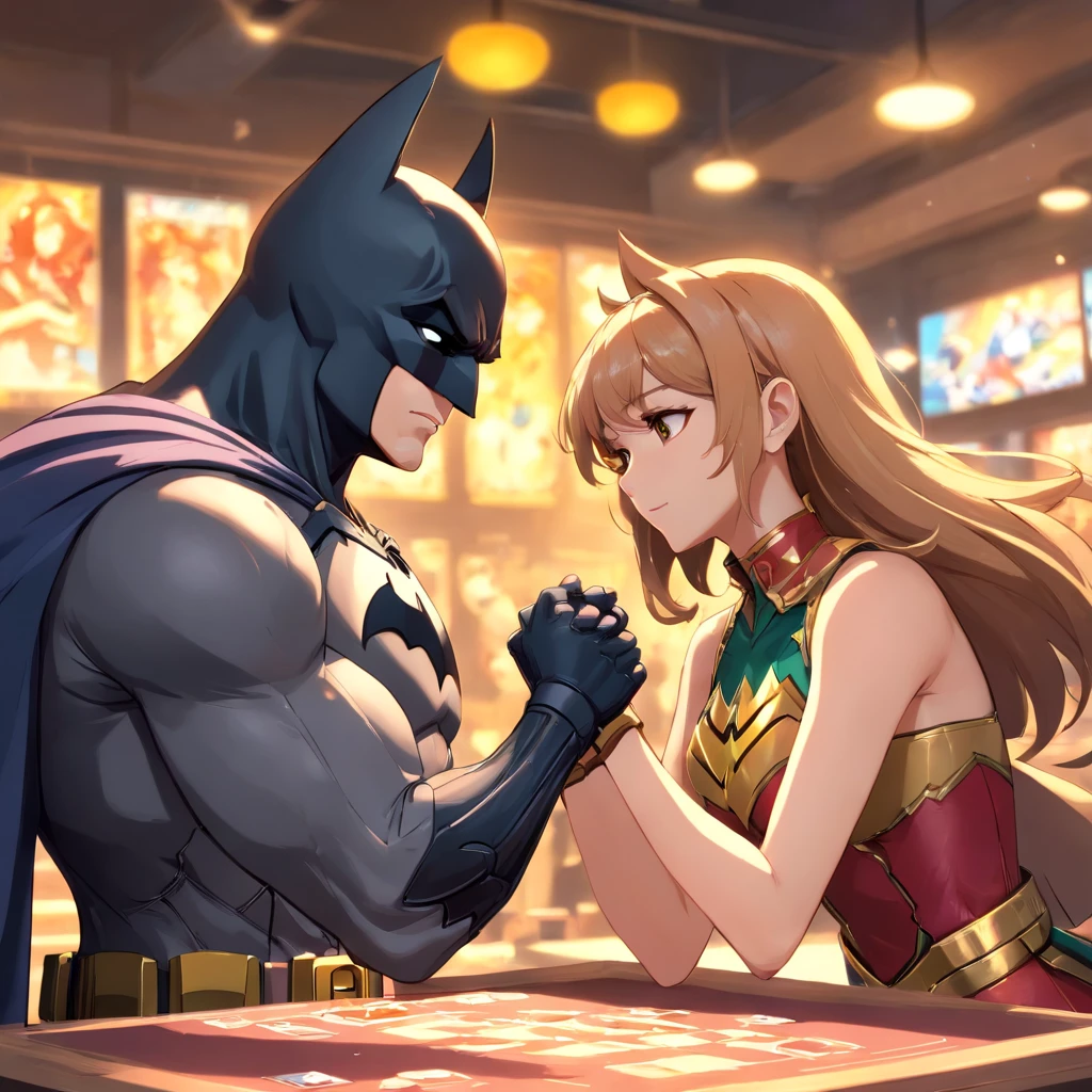 a perfect art of Batman betting arm-wrestling with the character Lux from the game League of Legends, Batman chorando e preocupado, Lux rindo sorriso aparente gargalhando, Light gain arm drop, well-defined muscles, Sombras realistas, incredible details, perfect hands.