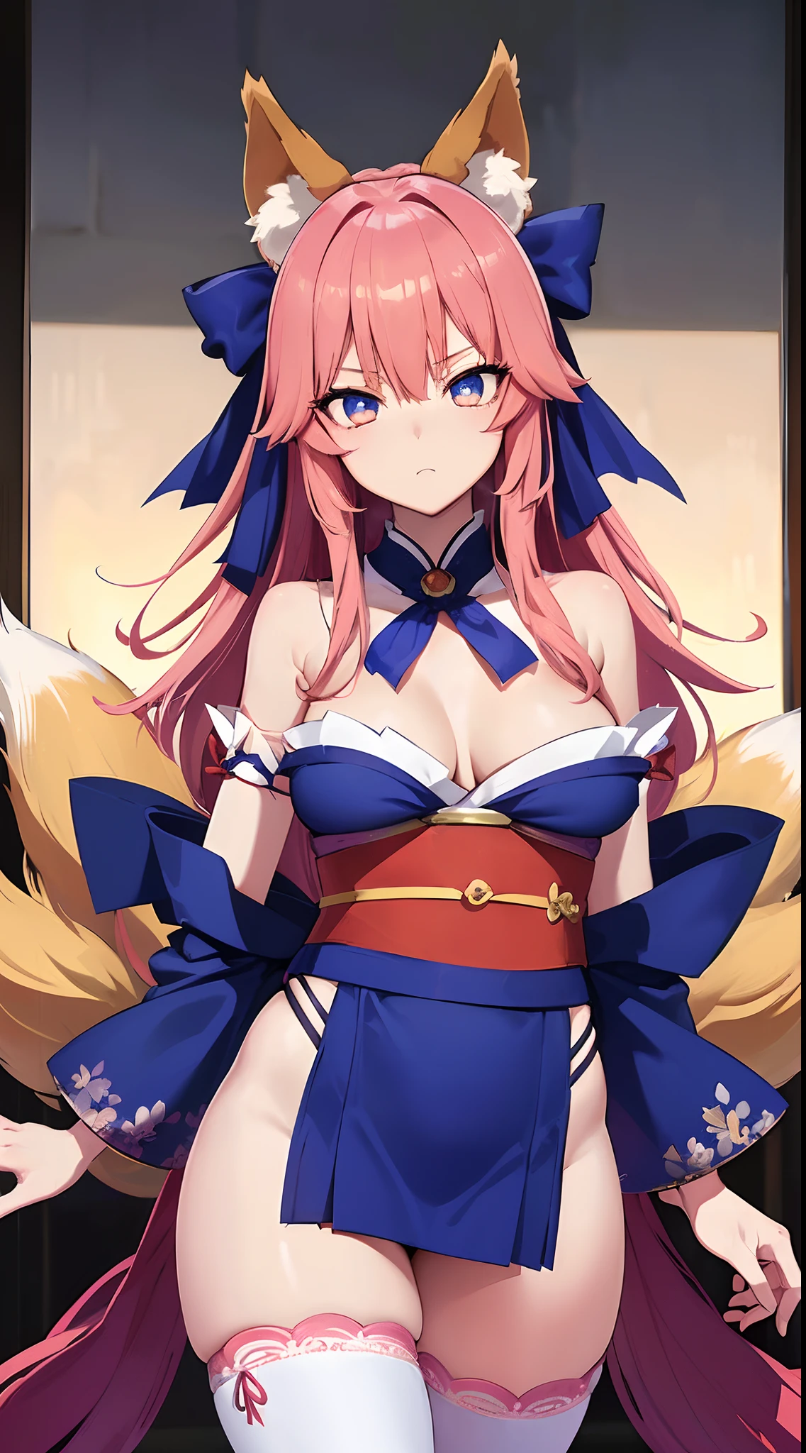 ((8K)), ((​masterpiece)), ((top-quality)), ((超A high resolution)), tamamo(Fate/Extra\), animal ear fluff, Animal ears, Fox ears, Pretty Fox Girl, Fox tail, Hair Ribbon, tail, BREAK bare shoulders, (Blue kimono), (Blue Ribbon), blue thighhighs, 鎖骨, Detached sleeves, komono, kimono, thighs thighs thighs thighs, Beautiful pink hair, Beautiful yellow eyes, (beatiful detailed eyes:1.6), Break indoors, crass room, BREAK looking at viewer, BREAK (masutepiece:1.2), Unity 8k壁纸, (Illustration:0.8), extra detailed face, Perfect Lighting, defined legs, Defined arm, defined fingers