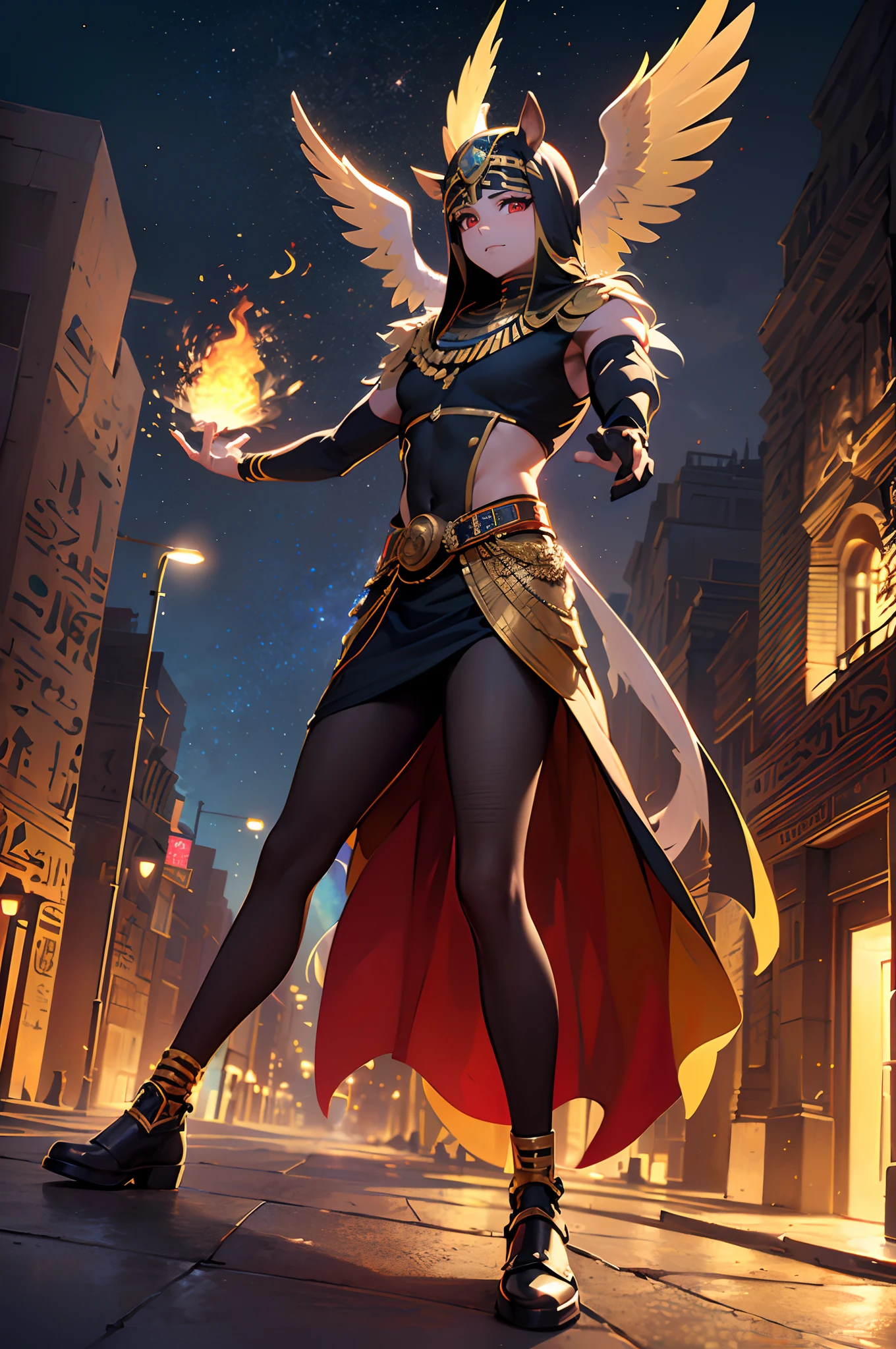 (Dynamic Angle:1.1), (Colorful:1.2), (Highly detailed CG Unity 16K wallpaper:1.1), (Denoising strength: 1.45), (tmasterpiece:1.37), ((Official art)), of the highest quality, (Realistic), Deformed Character, (Hawk-headed boy:1.2),(Costume of the Egyptian god Horsus:1.5),hawk,Glowing eyes,(red eyes:1.2),((Poses in motion:1.1)),((Holus Costume:1.3)),wires, (LED:1.3), (a hologram:1.2), Streets of Egypt, Neon light, Egyptian buildings, (Night:1.2), (Rainbow Model:1.2), 8K resolution, (Anime style:1.3), Cinematic lighting, chromatic abberation, spark of light, Ray tracing, blending, ultra wide-angle, Hasselblad, (masutepiece), (masutepiece), ((Best Quality)), ((masutepiece)), nffsw