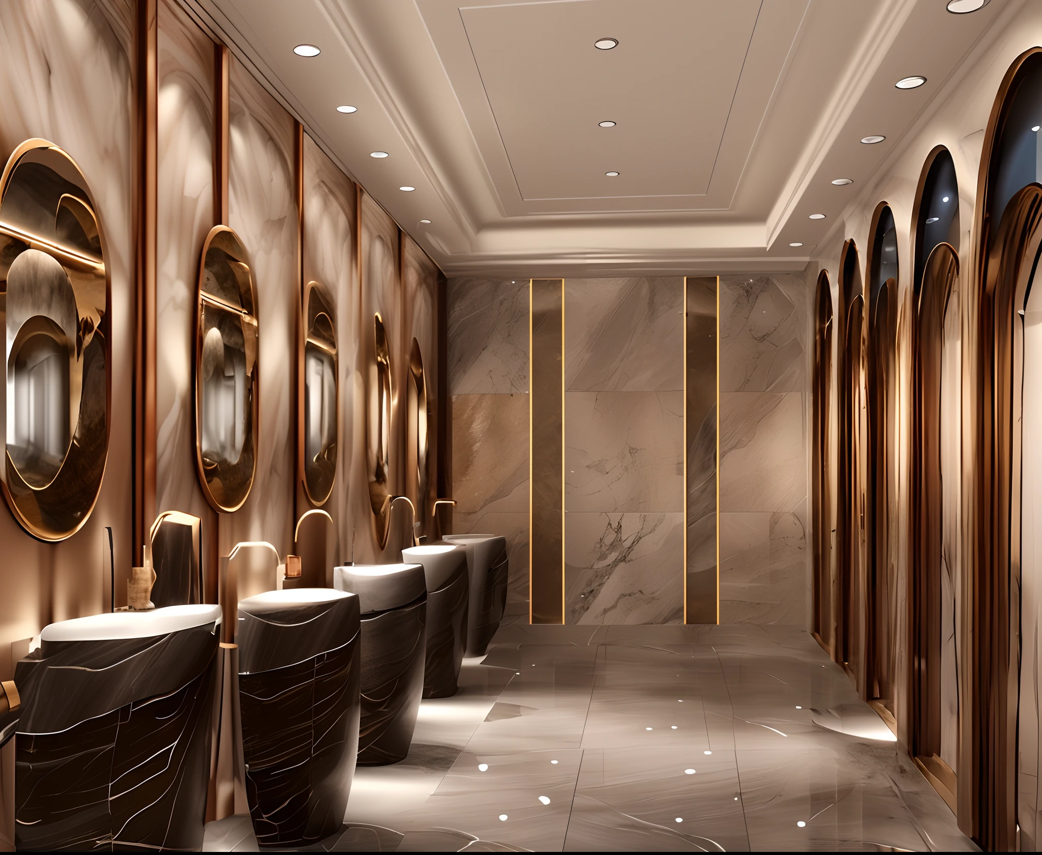 there are many sinks in the bathroom with mirrors on the wall, commercial washroom hand dryer, marble walls, modern look, marble room, high quality rendering, wooden toilets, wooden walls brass panels, premium bathroom design, high quality 3 d render, high quality 3d render, vray rendered, by Bernardino Mei, well contoured smooth fair walls, high-end