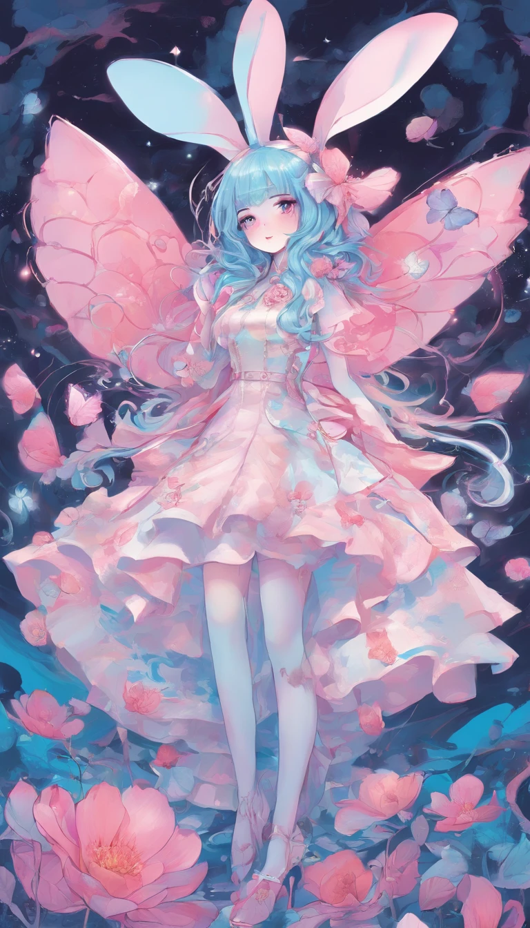 A girl, Tiffni blue hair, Tiffni blue hair, short hair, (with metallic rabbit ears headband: 1.2), full body, (delicate features: 1.5), wearing a dreamy surrealist frilly skirt, the color of the skirt is Tiffni blue and pink gradient, there are pink marshmallow like coral around, dancing above a few pink dotted with black butterflies, the overall environmental tone is Tiffni color, surrealistic style, art photo, Wonderland, Tiffni's dream, pastel dream, transparent light, Hd photography,