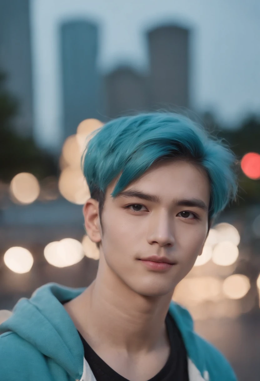 Cool guy, streetcore grunge skatistcore, cyan hair, tokyo night city background, unique style, confident, lovely and beauty ENTP Leo person, game 80s cloth style, high detailed 4k face expressions,blue cyan hair, closed smile, male teenager, cute smile