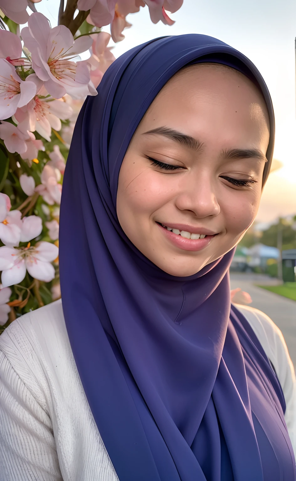 Masterpiece:1.2, high quality, best quality, high resolution, detailed, hyper realistic, 1 malay girl in hijab, blue eyes, head tilt, sunset, birds flying, cherry blossom, Portrait, closed eyes, smile, showing teeth,  (detailed face), ((sharp focus)), ((face)), upper_body