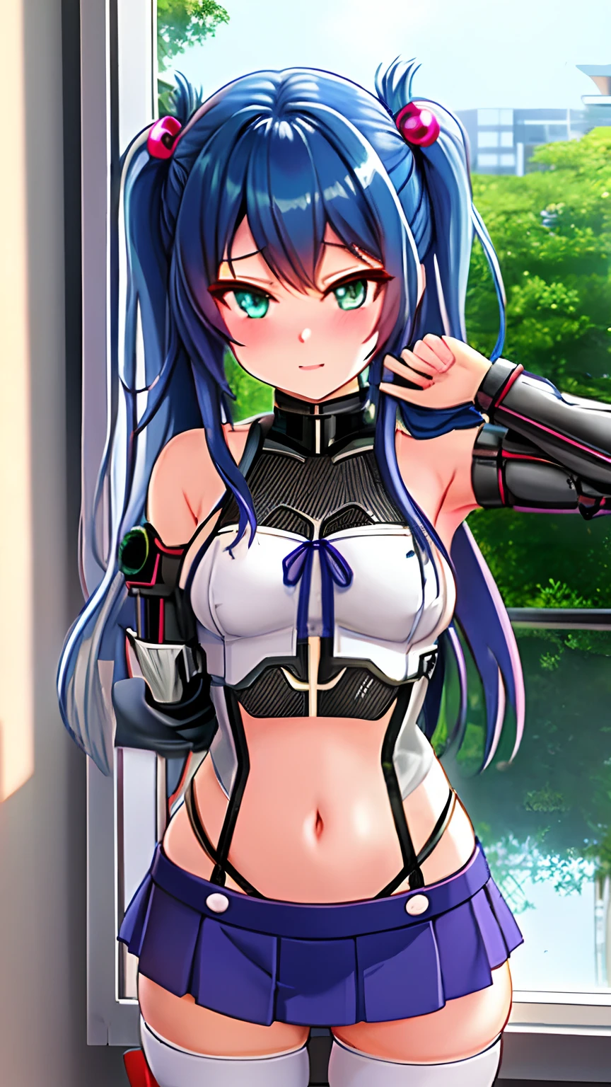Anime girl in underwear in front of the window, an oppai cyberpunk, (sfv) safe to work, seductive anime girls, Biomechanical OPPAI, succubus in tight kilt, small curvaceous , anya from spy x family, shikamimi, hanayamata, Edgeie anime style, eechi, SFW version, Edgee style