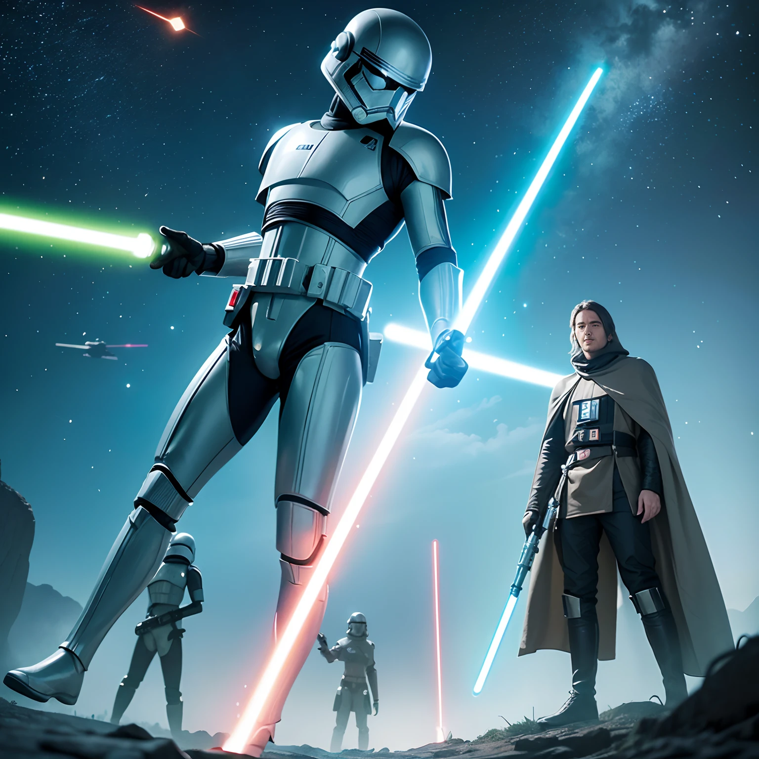 Illustrierte Charakterkonzeptzeichnung eines weiblichen Alien ,((weiblicher alien)), (extraterrestrial life form), Krieg der Sterne, slender physique, Jedi-Roben und Tunika, with turquoise lightsabers, Highly detailed, Einspielung, Star Wars-Konzeptzeichnungen, Wild und frei,