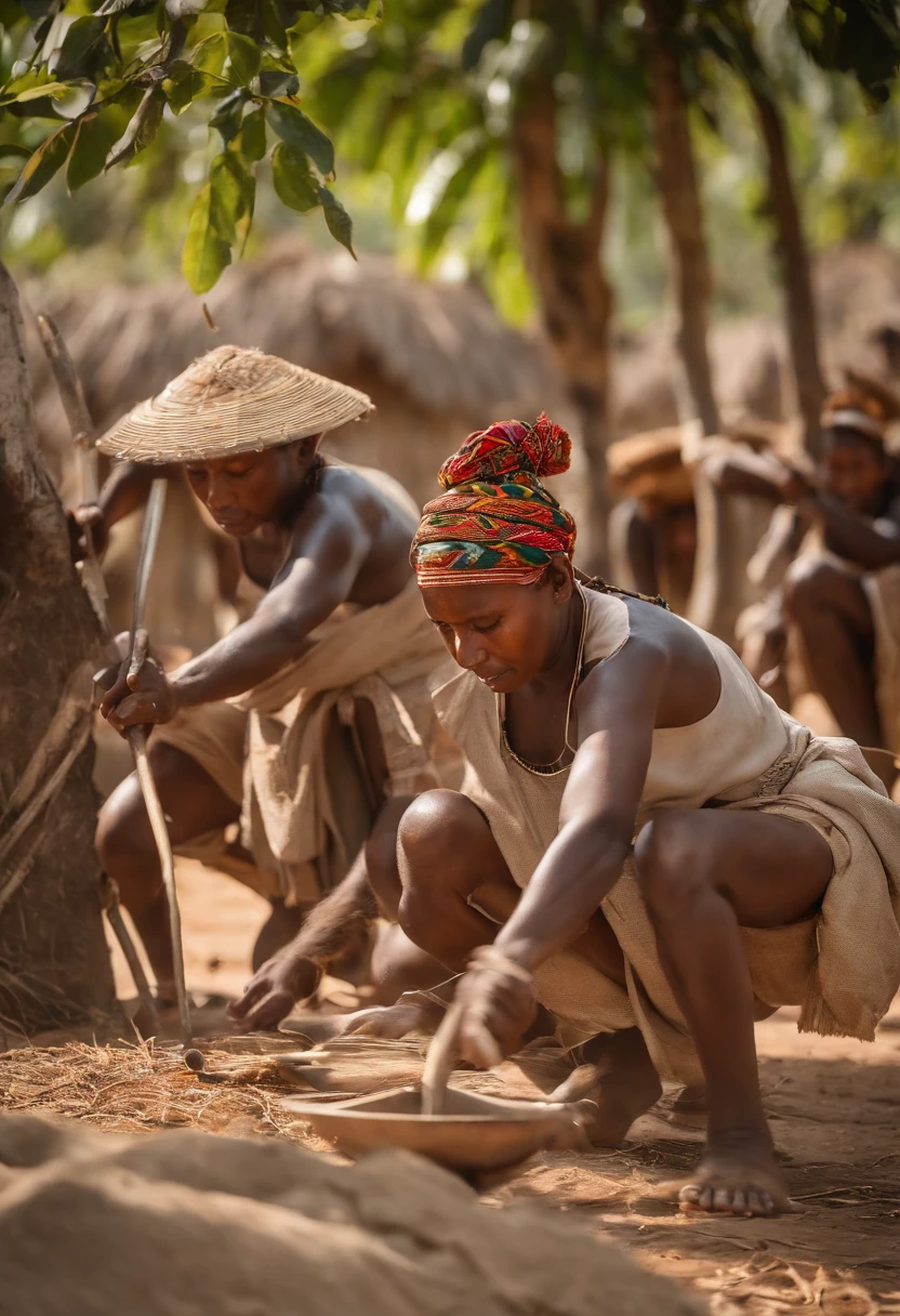 Imaginez un tableau vivant du quotidien dans un village Bara dans le Sud de Madagascar, imbued with the essence of their culture and harmony with nature. At the heart of this scene, des guerriers Bara, des hommes guerrier Africains, forts, are preparing for the days ahead. Some sharpen their spears with precision and concentration, symbolizing their constant preparation for the protection of their community. At their side, les femmes des guerriers Bara, tout aussi importantes dans la vie du village, are also active. They skillfully cut cassava, thus showing their vital role in the subsistence and balance of the village. Leurs mouvements sont gracieux et rapides, reflecting their mastery of daily tasks. The frame is bathed in the soft light of dusk, creating a warm and peaceful atmosphere. Autour d'eux, the nature of the village Bara is present, with majestic trees and lush vegetation that show their deep respect for the land that nourishes them. The contrast between the warriors' preparation for battle and the quiet contribution of women on a daily basis highlights the balance and complementarity of gender in Bara society.. It's a moment frozen in time, capturing the essence of this community and its harmony with nature and its ancestral traditions.