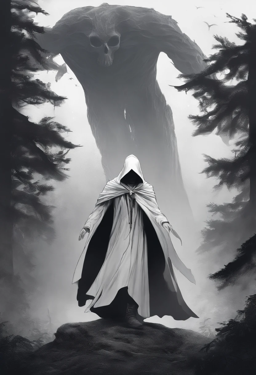 Masterpiece, Best quality, 超高分辨率, Beautiful, Visually stunning, elegant, incredibily detailed, Award-winning art, G0s1, ghost,Hood,Torn Cape, Faceless, Nature, forest, Night, Heavy fog, Night sky, 1boys, Solo, No Man,