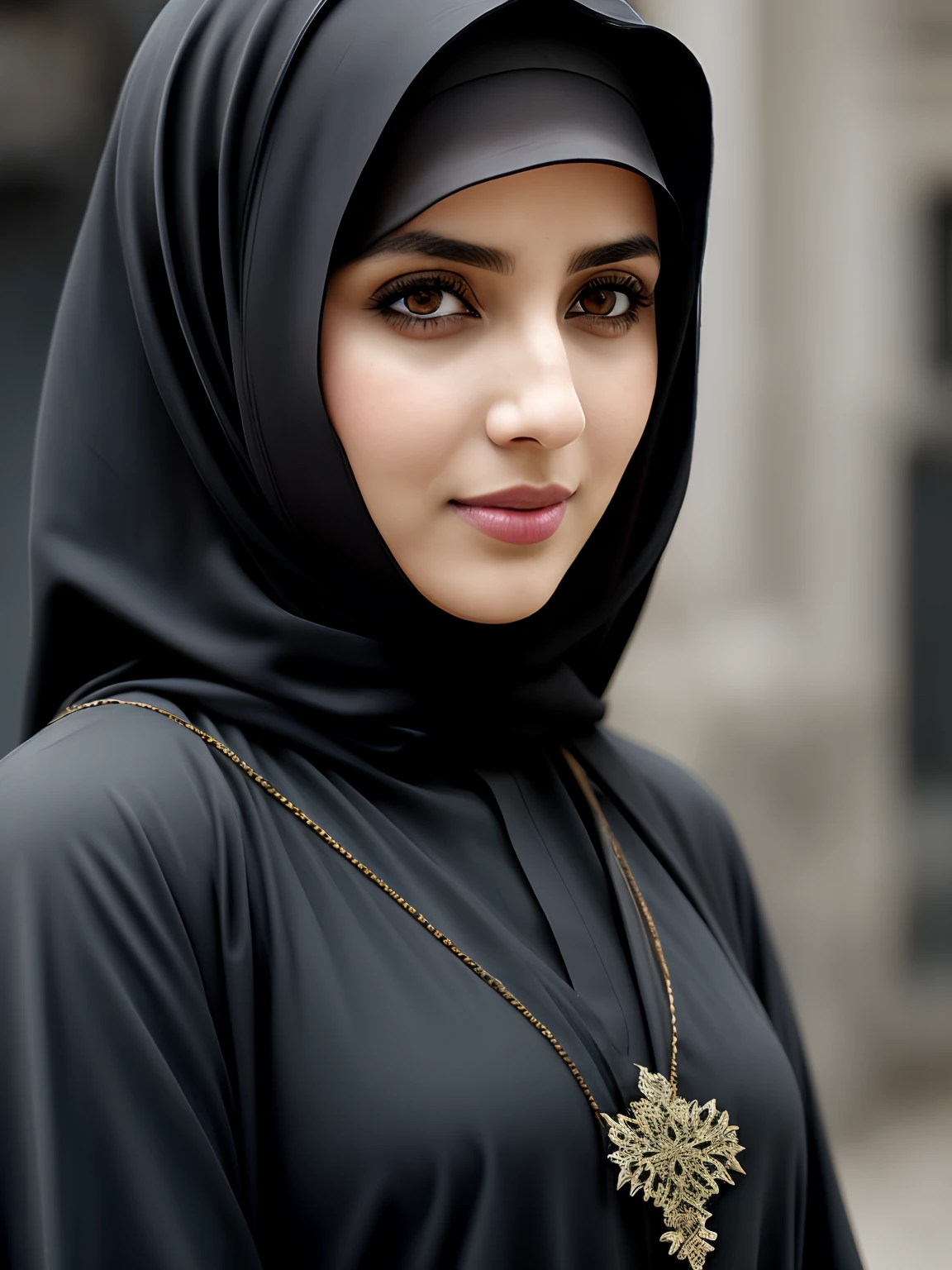 closeup of aThe Syrian WOMAN of ancient times, black hair with turban,old syrian city, natural skin texture, 24mm, 4k textures, soft cinematic light, RAW photo, photorealism, photorealistic, intricate, elegant, highly detailed, sharp focus, ((((((cinematic look)))), soft tones, insane details, intricate details, hyperdetailed, low contrast, soft cinematic light, Full body with abaya, dark colors, exposure mix,  hdr, faded