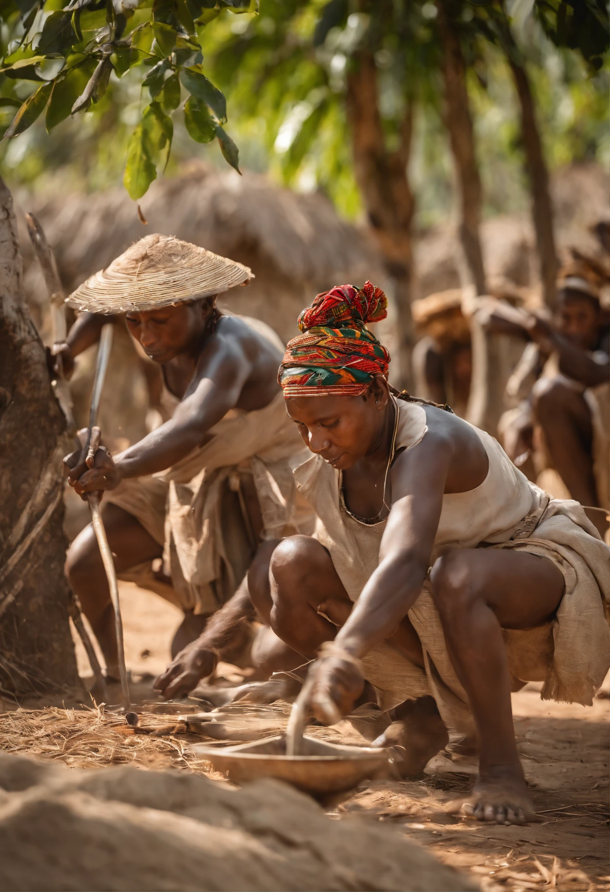 Imaginez un tableau vivant du quotidien dans un village Bara dans le Sud de Madagascar, imbued with the essence of their culture and harmony with nature. At the heart of this scene, des guerriers Bara, des hommes guerrier Africains, forts, are preparing for the days ahead. Some sharpen their spears with precision and concentration, symbolizing their constant preparation for the protection of their community. At their side, les femmes des guerriers Bara, tout aussi importantes dans la vie du village, are also active. They skillfully cut cassava, thus showing their vital role in the subsistence and balance of the village. Leurs mouvements sont gracieux et rapides, reflecting their mastery of daily tasks. The frame is bathed in the soft light of dusk, creating a warm and peaceful atmosphere. Autour d'eux, the nature of the village Bara is present, with majestic trees and lush vegetation that show their deep respect for the land that nourishes them. The contrast between the warriors' preparation for battle and the quiet contribution of women on a daily basis highlights the balance and complementarity of gender in Bara society.. It's a moment frozen in time, capturing the essence of this community and its harmony with nature and its ancestral traditions.