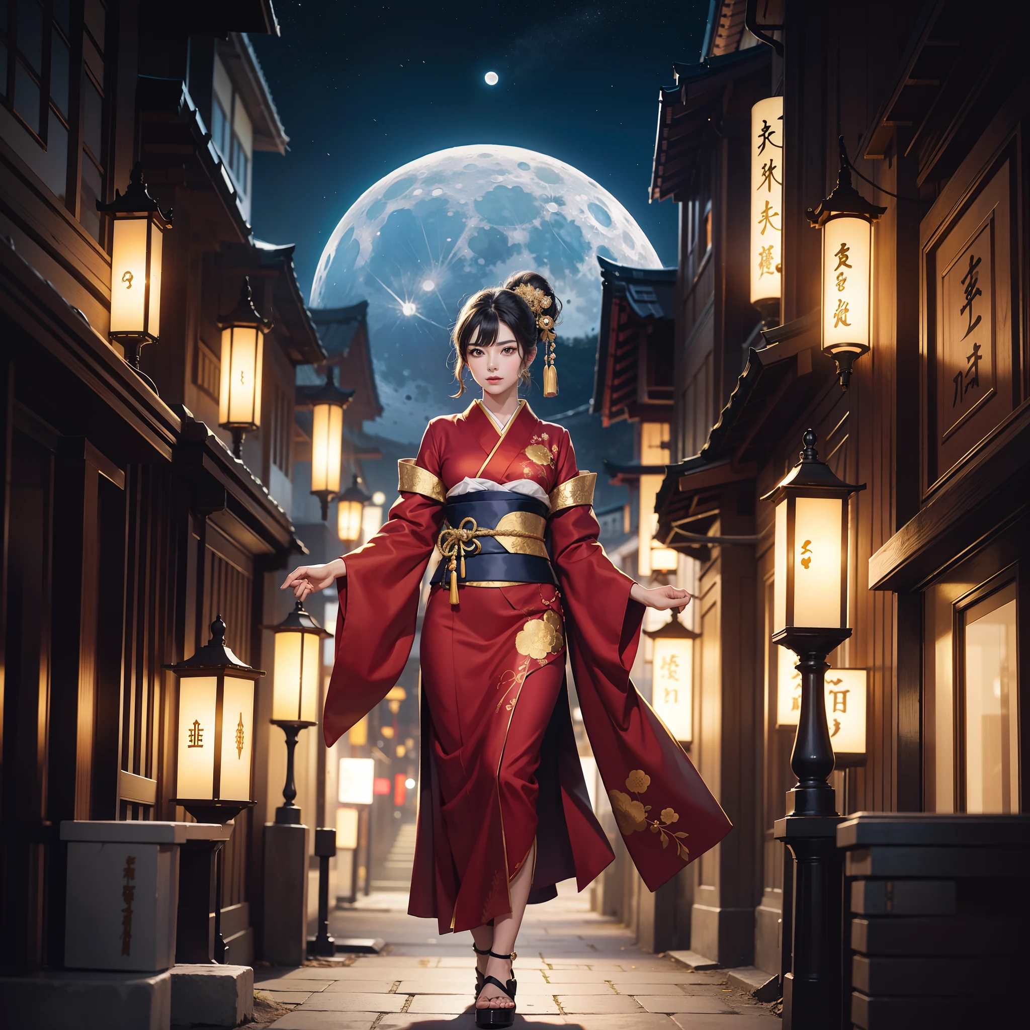 Detailed background((a moon：1.5),Desolate city)、BREAK,elaborate costume{Luxury kimono(Dark red kimono(Detailed golden embroidery,))}、(Japanese Idol(actress):1.2)(face perfect:1.2),Depicting a beautiful and classy adult woman。glossy dark hair,poneyTail,Heart in the eye。 Wallpapers 16K, .Blur the background with a sickle,((masutepiece)), ((Best Quality)),{{a portrait photo of}},full body Esbian、Faraway view,Like a corporate logo
