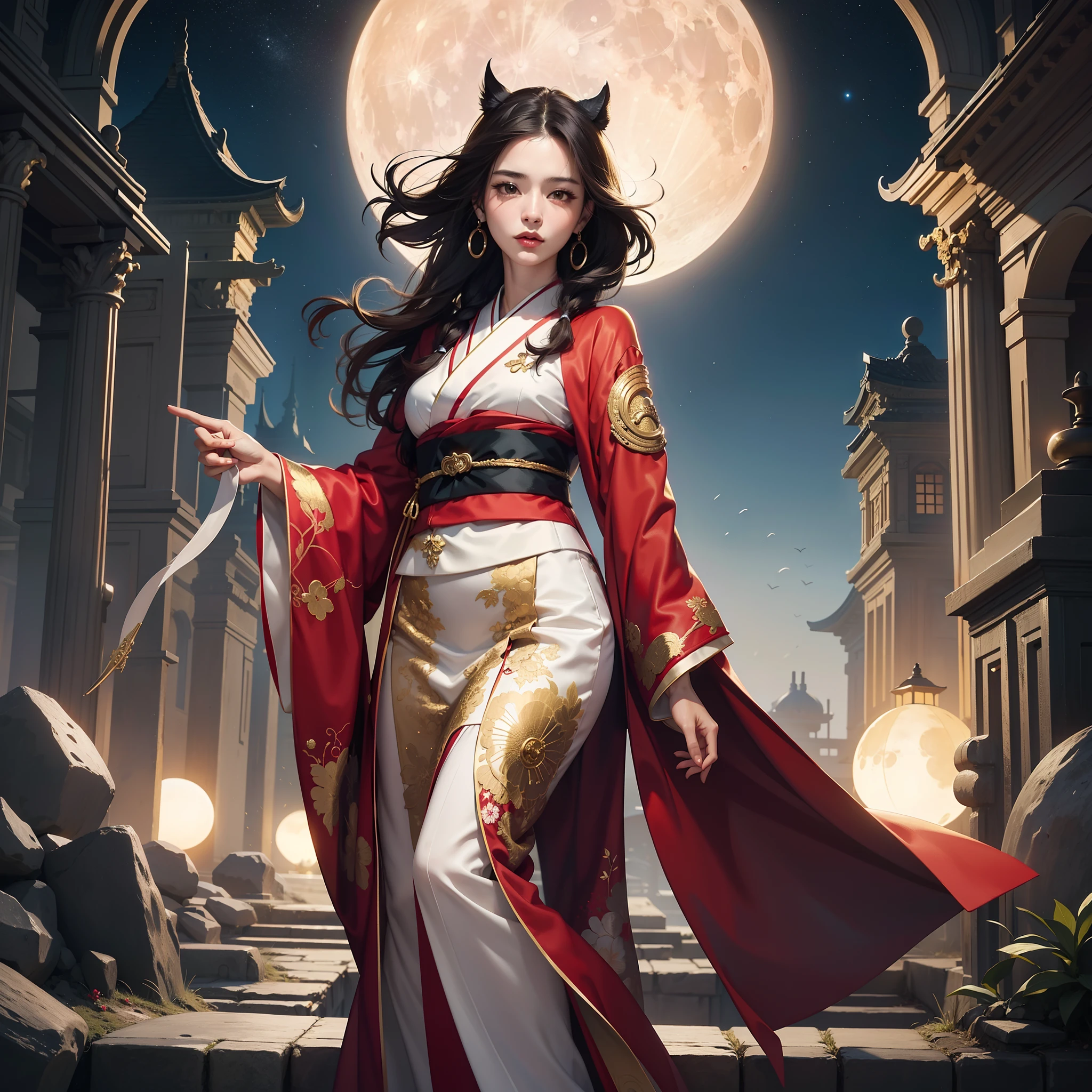 Detailed background((a moon:1.5),Desolate city)、BREAK,elaborate costume{Luxury kimono(Dark red kimono(Detailed golden embroidery,))}、(Japanese Idol(actress):1.2)(face perfect:1.2),Depicting a beautiful and classy adult woman。glossy dark hair,poneyTail,Heart in the eye。 Wallpapers 16K, .Blur the background with a sickle,((masutepiece)), ((Best Quality)),{{a portrait photo of}},full body Esbian、Faraway view,Like a corporate logo