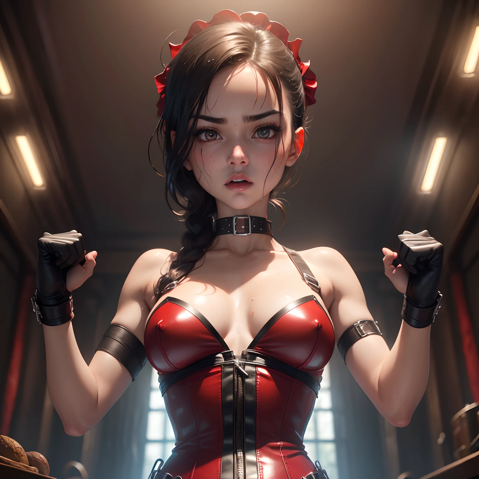 From below,Troubled face,BDSM,slaves,Upper body,Glossy,Red leather,Red corset,Bondage,Collar,NSFW,((Best quality, 8K, Masterpiece: 1.3)), Clear focus: 1.2, (layer cut, : 1.2),Beautiful woman with perfect figure: 1.4, Slender abs: 1.2, Wet body: 1.5, Highly detailed face and skin texture, Detailed eyes, Double eyelids, Cord, nmm, bolts, , Angry eyes, Sharp eyes, Whip in hand