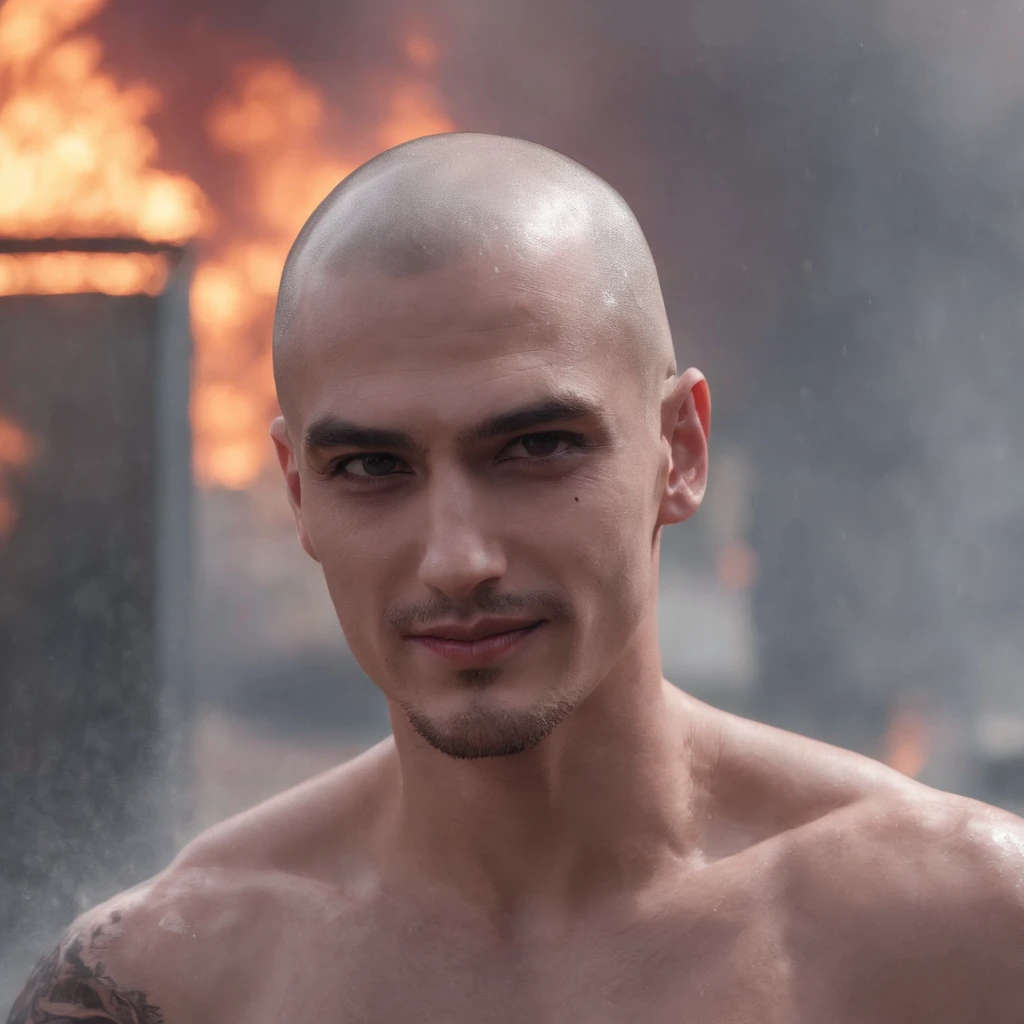 a man with an evil smile shirtless, raining in the city, fire burning in the background, shaved head, red rim lighting, 8K, UHD, [candid, amateur], cinematic lighting, upper body, highly detailed face, close up, serious face, villainous