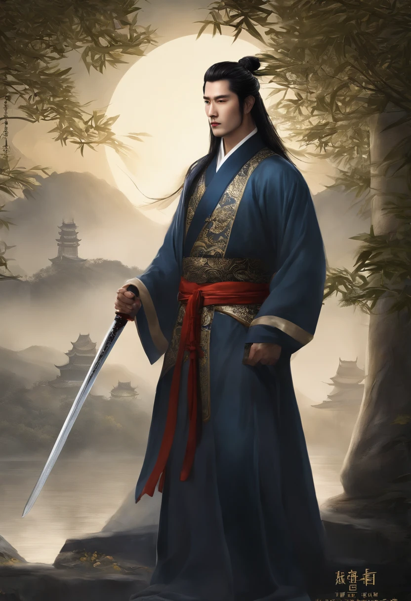 Masterpiece, Best quality, Night, full moon, 1 man, Mature man, Ancient China, Chinese palaces, eagle, Black hair, Black eyes, Split ends of hair, Long hair, Long bangs, Handsome, Diao noodles, chinese crown, Handsome, Masculine, Serious, gentle, Tall, calm, White and blue alternating clothing, Dark gold pattern, Bamboo leaf pattern, prince, Sword pairing, Side, Facial details, The face is delicate