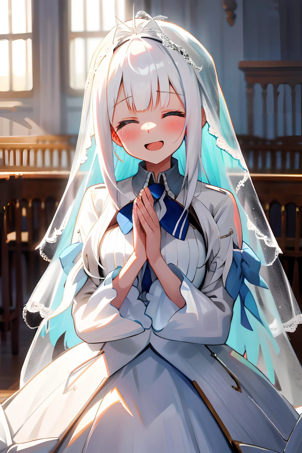 One girl with long hair and white blouse, white hair, closed eyes, tears, smiling, mouth open, indoor, wedding dress, bridal veil