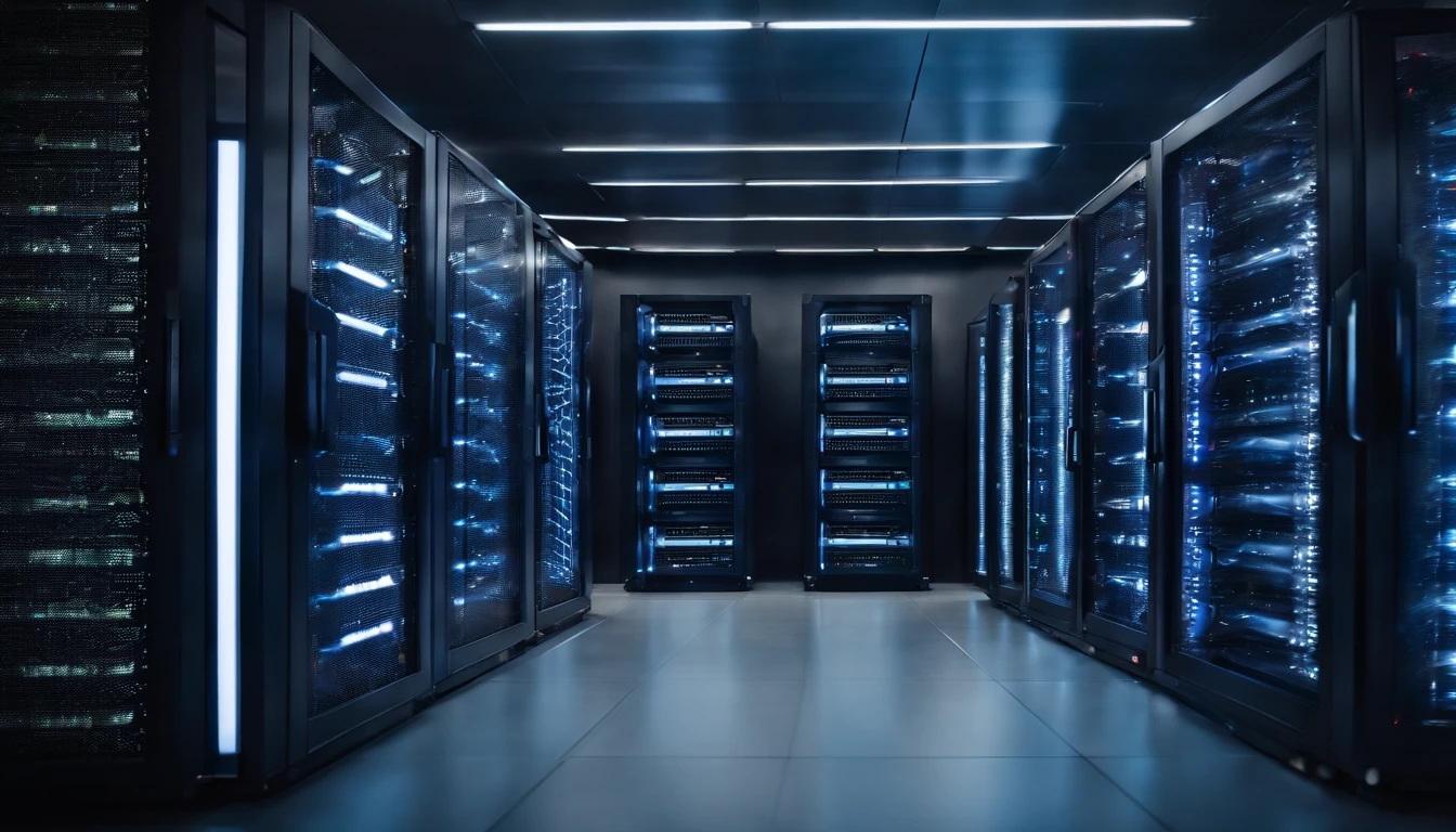 Stable Diffusion prompt: Server racks, high-tech background, computer network security, data center, technology, telecommunication concept, network server room, computers
