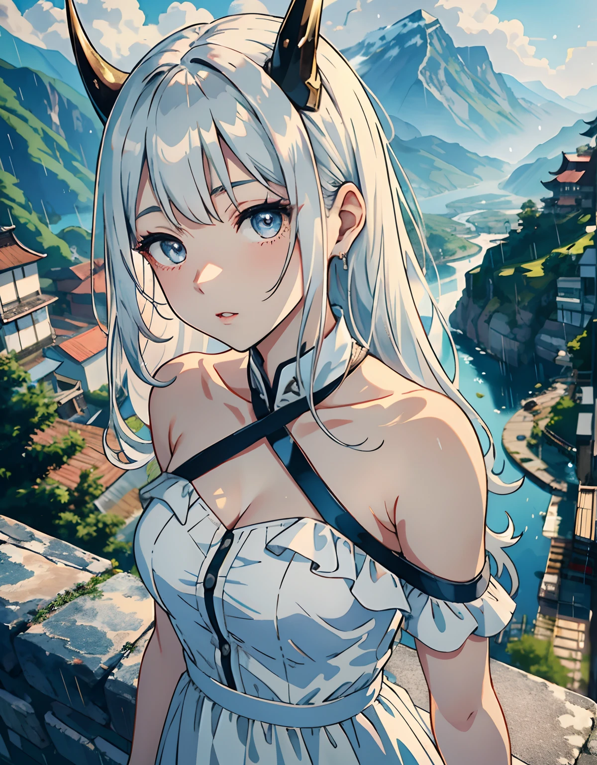 anime style, model shoot style, (upper body) (selfie:1.7) of a ((girl:1.6)), (1girl:1.3), (white hair, long hair:1.3), (white dress:1.3, landscape in the background:1.5), ((beautiful face: 1.7, perfect face:1.5)), (best quality:1.5, hyperrealistic:1.5, photorealistic:1.4, Madly detailed CG unity 8k wallpaper:1.5, masterpiece:1.3, Madly detailed photo:1.2), (hyper-realistic lifelike texture:1.4, realistic eyes:1.2), (octane render, unreal engine 5), (ecstasy of light and shadow:1.5, deep shadow:1.5), (sony a7, 50 mm, film grain:1.5, 4K UHD HDR), (photo by lee jeffries, Greg Rutkowski and Magali Villanueva), cat ears, blue eyes, blue heart necklace