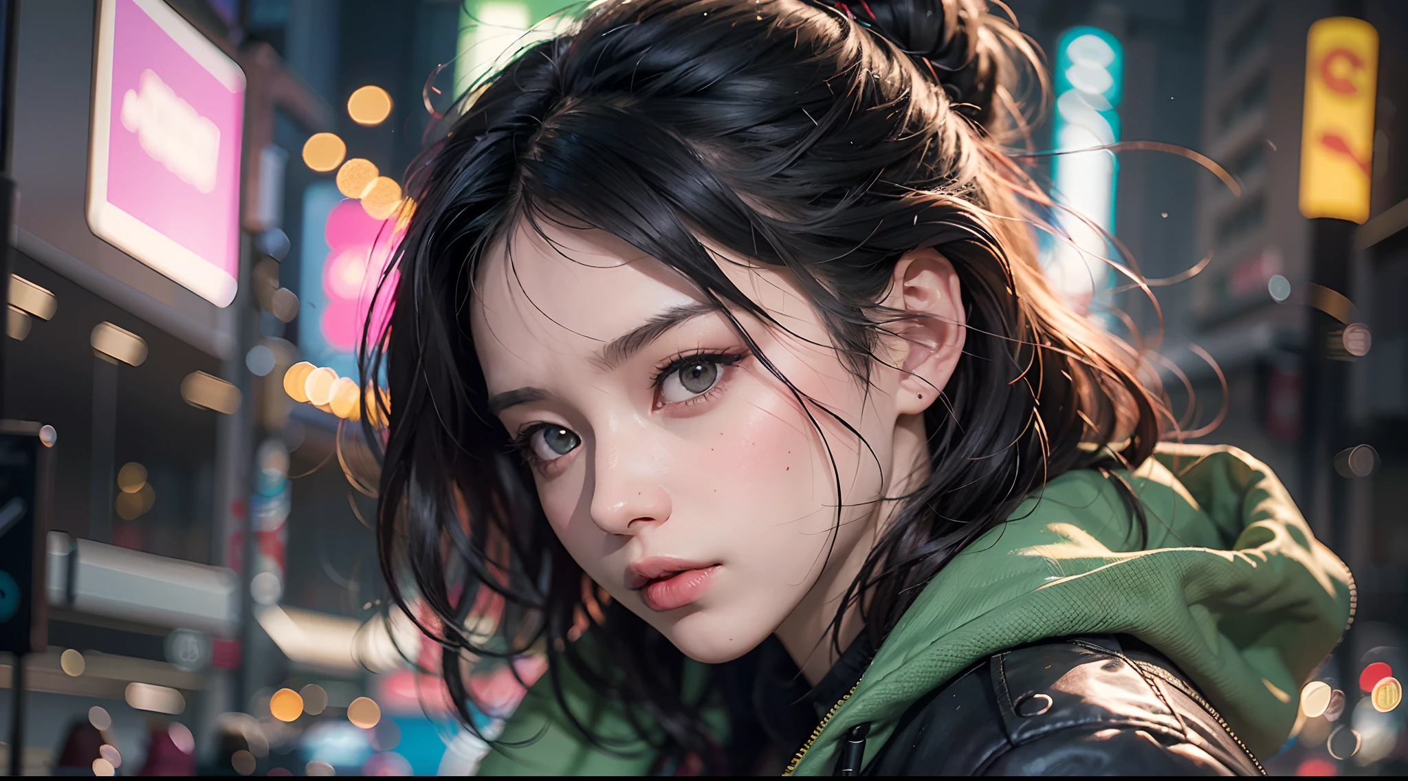 Beautiful hyper-realistic photo of a cute Asian cyberpunk girl, Bunte Cyberpunk-Kleidung tragen, cluttered Blade Runner background, Dynamische Pose, Konzeptzeichnung, von Brian Froud und Carne Griffiths und Wadim Kashin und John William Waterhouse, Komplizierte Details, 8K-Postproduktion, high resolution, Super detailliert, Auf ArtStation im Trend, Scharfer Fokus, Studio-Fotos, Komplizierte Details, Depth of field, f/2.8, Filmische Ausleuchtung, Dunkle Schatten.