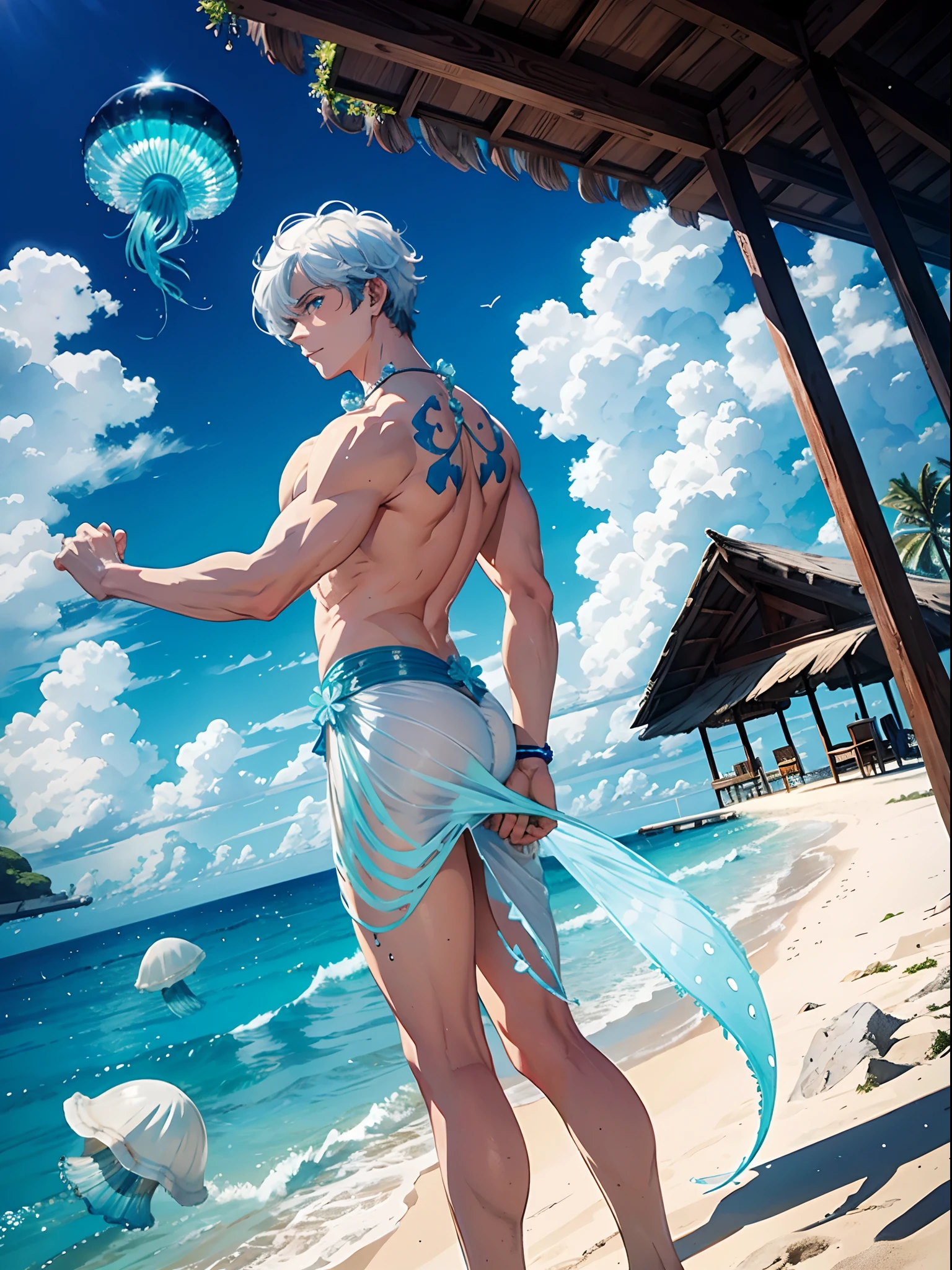 cerulean sea, white sand, beautiful anime guy, huge seashells, jellyfish
