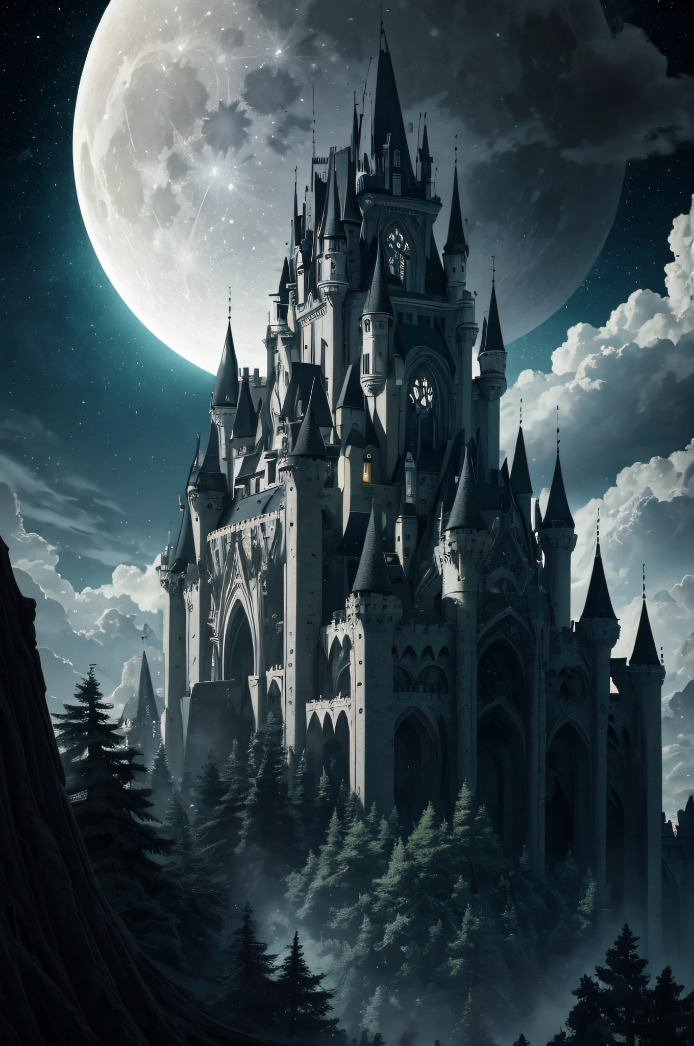 Look up，（Moon Night），（Oversized fantasy skeleton fortress：1.4），（（Castle on the cliff）），tree branch，Lots of branches，greenish tinge，green color，fog atmosphere，dark cloude，swirles，Mysterious and dark，blood vess，uncanny，fog atmosphere，dense fog，opaque，streamer，bblurry，Torn clouds，（（3 moons in three colors）），Clear and detailed image quality，Engaging shots，Soft lighting，Great details，Transparent starry sky，Unique architecture，Blinking lights，Active character actions，（best qualtiy：1.4），tmasterpiece，super-fine，A detailed，acurate，depth of fields ，absurderes、A high resolution、ultra - detailed，（Unattended：1.3），Break，Create an image using a prism effect，Light refracts and creates colorful、A kaleidoscopic look。 Break , design an image with fisheye lens effect，Capture a wide field of view with a unique curved perspective。 Break，，Dappled sunlight，Tranquil natural beauty。 Break , Depict a monochrome world，Use only black、White and gray shades to convey depth、Emotional and compelling visual impact。