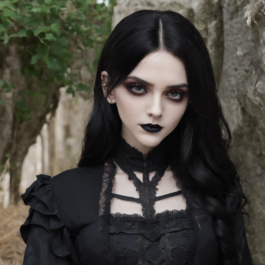 Girl of approximately 18 years old scorpio vibes, morbid gothic clothes and intimidating look and confident smile, long wavy black hair, cemetery background, very dark black hair