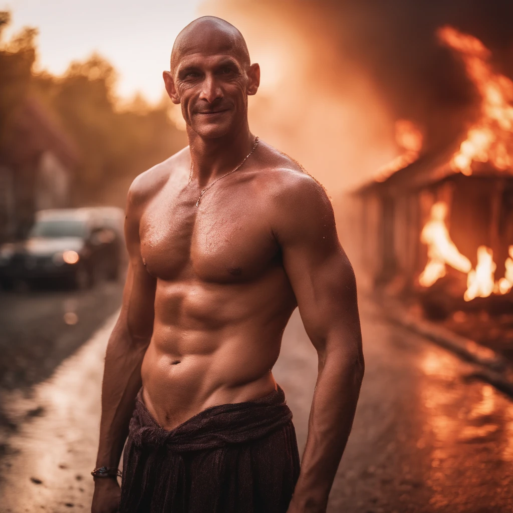 a man with an evil smile shirtless, raining in the city, fire burning in the background, shaved head, red rim lighting, 8K, UHD, [candid, amateur], cinematic lighting, upper body, highly detailed face, close up, serious face, villainous