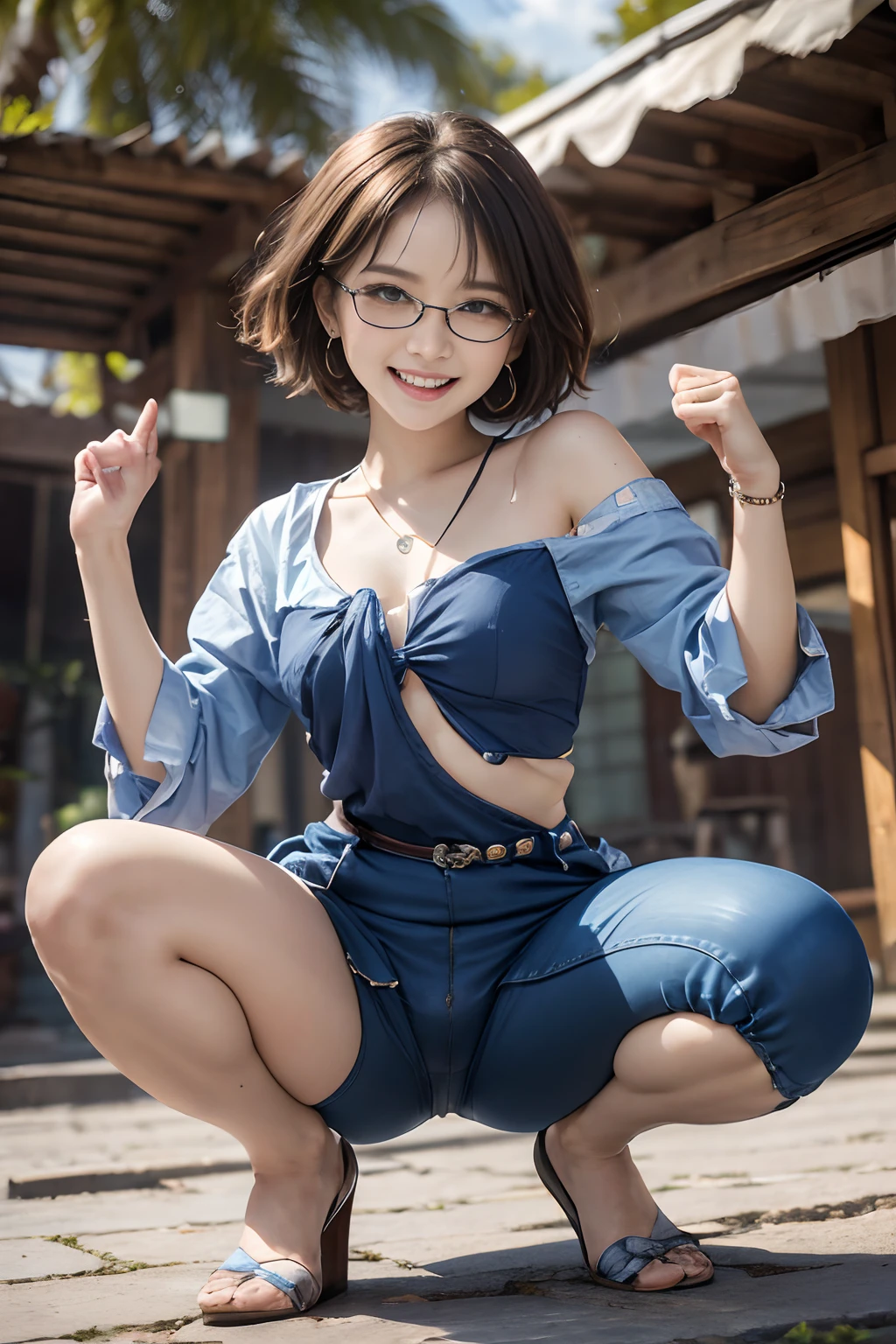 (((Squat with your legs open:1.3))),Smile full of happiness、((Looks happy:1.3))、kindly smile、Panting face、Lacking、Sweating、Expression in a state of excitement、short-hair、((eye glass:1.3))、Photorealistic,Soft light,1womanl,hips up high, Large breasts, Blue eyes, Expensive jewelry, Elegant and sexy fabric small indigo traditional costume,Squat down with your crotch open、Genital exposure、(((The cleft in the crotch is fully visible.:1.3)))、18Old Beautiful Girl