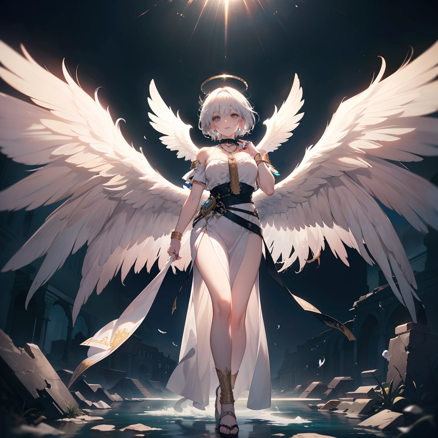 (number々Award-winning masterpieces of, with incredible detail, textures and maximum detail), (Hyper realistic:1.4), (Realistic:1.3), (Top quality real texture skins), (fine perfectly symmetrical eyes), finerly detailed face, (Ring of divine radiance overhead:1.5), ((medieval world)), ((((black angel of the Lord, white angel of the Lord)))), (Beautiful kind eyes), (She has a mischievous smile on her face), (Beautiful colored eyes full of compassion), (Angels dancing in the background), (Dramatic light), (A majestic sight), (Her expression is serene full of tenderness and very beautiful), ((Large wings with pure white feathers behind the shoulders)), (((Folded wings))), Glass earrings on the ears, (((dramatic photography))), (Twilight), (Sunset), (Dusk), (Sacred Pose), ((dramatic pose)), (flamboyant photo), (Golden hair), (Silver hair), (Chestnut hair), short cut hair, ((full-length portrait)), ((looks up)), ((Looking down)), ((full-body standing image)), ((gives full-body standing image)), (Around her neck is a simple necklace of exquisite workmanship), Old ruins infested with plants, great temple, great cathedral, temple ruins, detached temple, Luminous magic circle, Ruins of an ancient castle, Deserted ruins, crumbling ruins, Ancient ruins with clear water, wavelets, flowingwater, Shining majestic cloud masses and sky, halo optical phenomenon, Holy Light, Epic Realistic, ((Neutral colors)), (nffsw:1.5), (Muted colors:1.2), Hyper Detailed, Cinematic, Warm lights, Dramatic light, (Intricate details:1.1), Complex background,