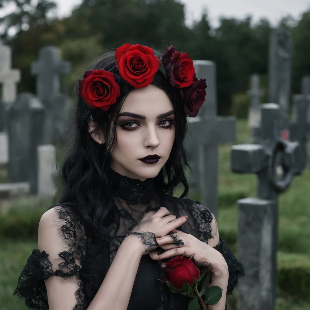 Girl of approximately 18 years sign of scorpio vibes, Morbid gothic clothes and intimidating look and confident smile, cabelos longos negros ondulados, cemetery background , cabelos pretos muito escuro, with a red rose on his head