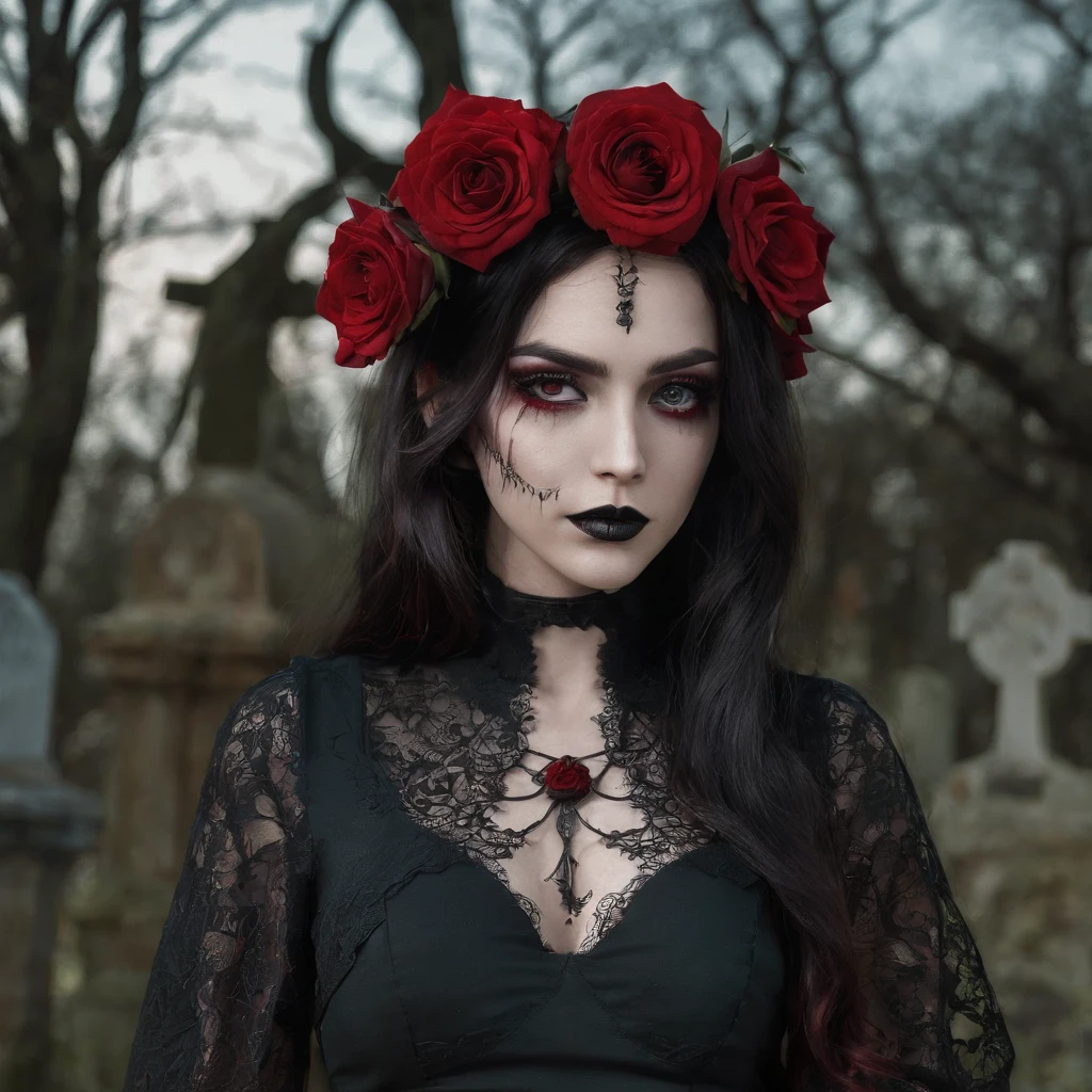 Girl of approximately 18 years sign of scorpio vibes, Morbid gothic clothes and intimidating look and confident smile, cabelos longos negros ondulados, cemetery background , cabelos pretos muito escuro, with a red rose on his head