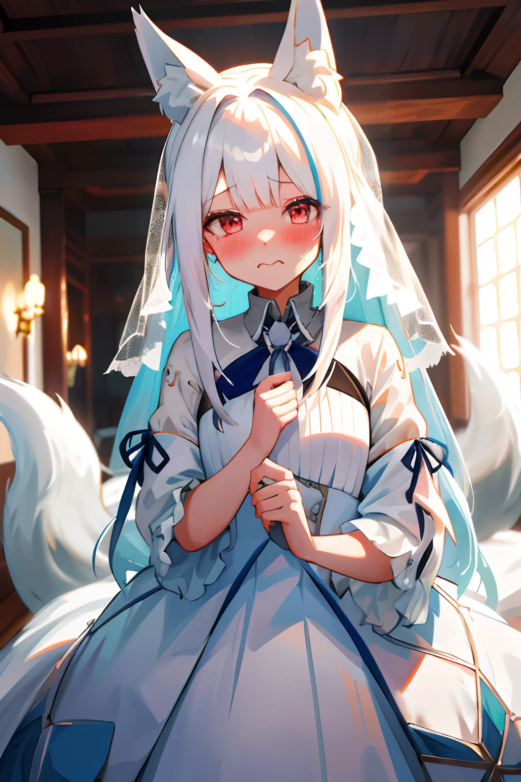 One girl with long hair and white blouse, white hair, looking at viewer, embarrassed, blushing, mouth small open, indoor, wedding dress, bridal veil, fox ears, fox tail
