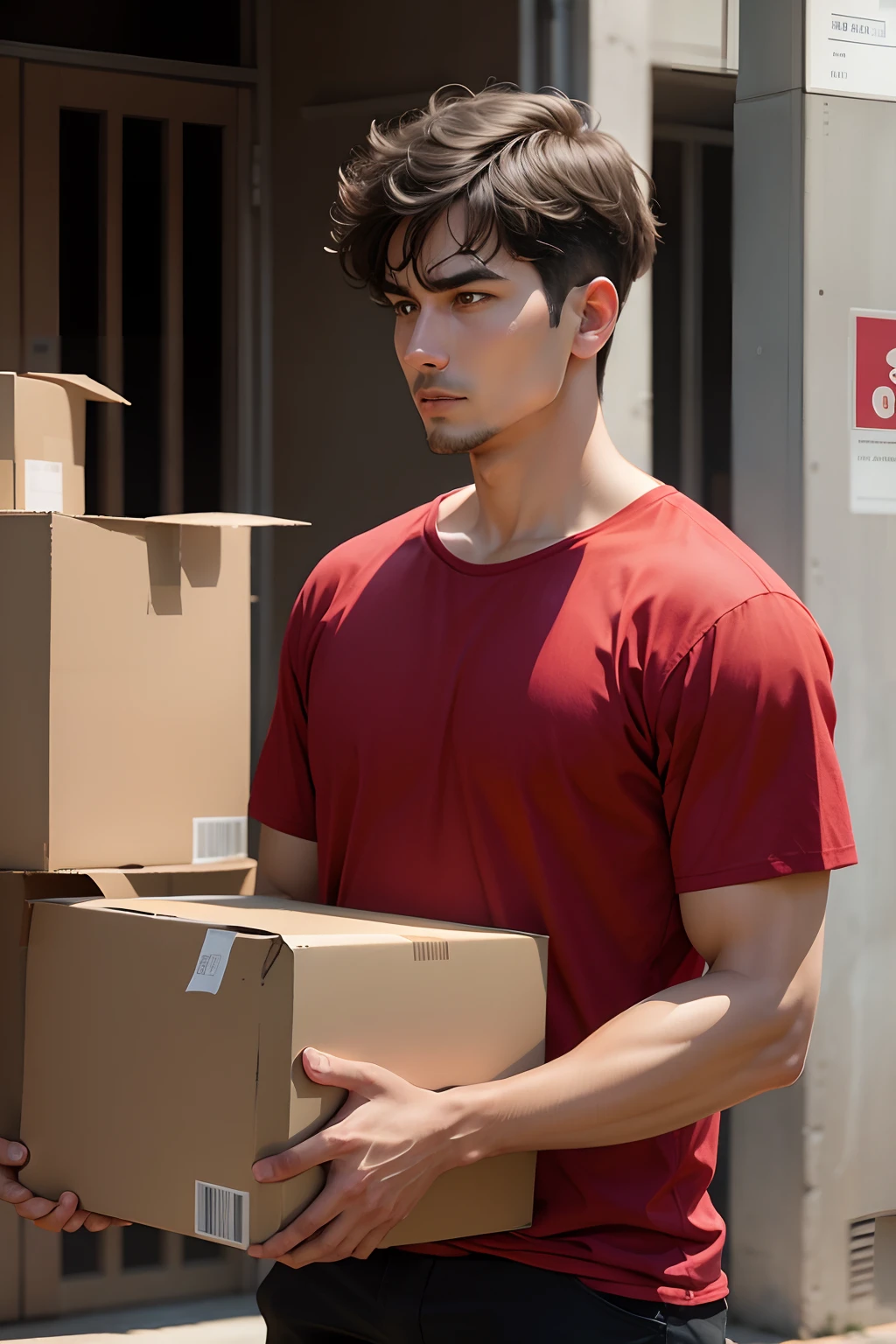 Man standing in red shirt, carrying a cardboard box
