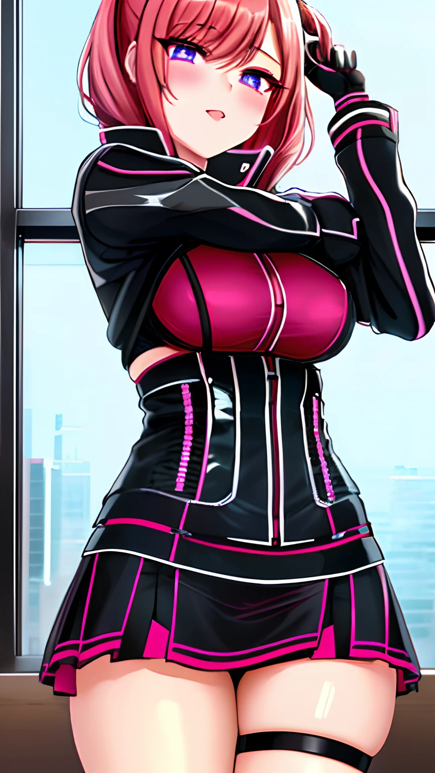 2d, masterpiece, best quality, anime, highly detailed, 1girl, solo, cowboy shot, nakano ichika, pink hair, short hair, grin smile:1.3, white lingerie:1.3, medium breasts, standing, black stockings, from_below foreshortening