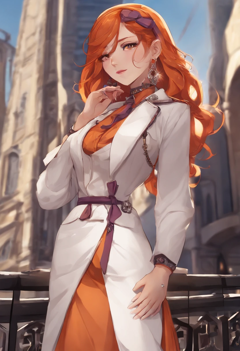 1girl, solo, yorigami jo'on, orange hair, drill hair, eyewear on head, orange eyes, jewelry, bow, white dress, purple jacket, pendant, earrings, hat, standing, hand on hip, looking at viewer, one eye closed, smirk, outdoors, city