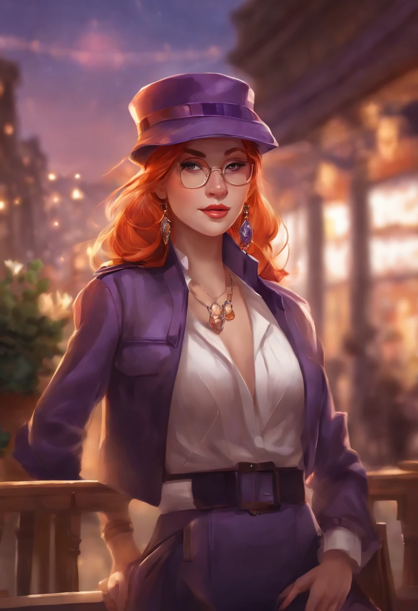 1girl, solo, yorigami jo'on, orange hair, drill hair, eyewear on head, orange eyes, jewelry, bow, white dress, purple jacket, pendant, earrings, hat, standing, hand on hip, looking at viewer, one eye closed, smirk, outdoors, city