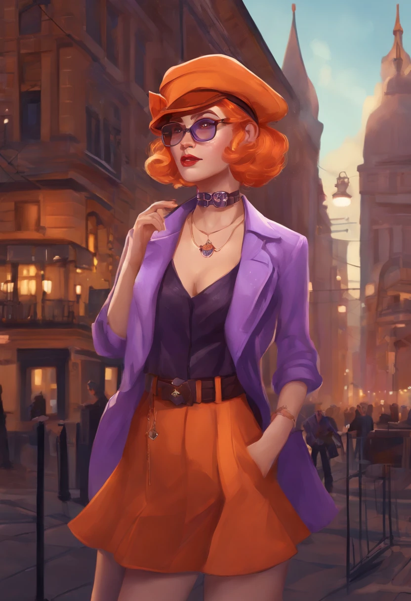 1girl, solo, yorigami jo'on, orange hair, drill hair, eyewear on head, orange eyes, jewelry, bow, white dress, purple jacket, pendant, earrings, hat, standing, hand on hip, looking at viewer, one eye closed, smirk, outdoors, city