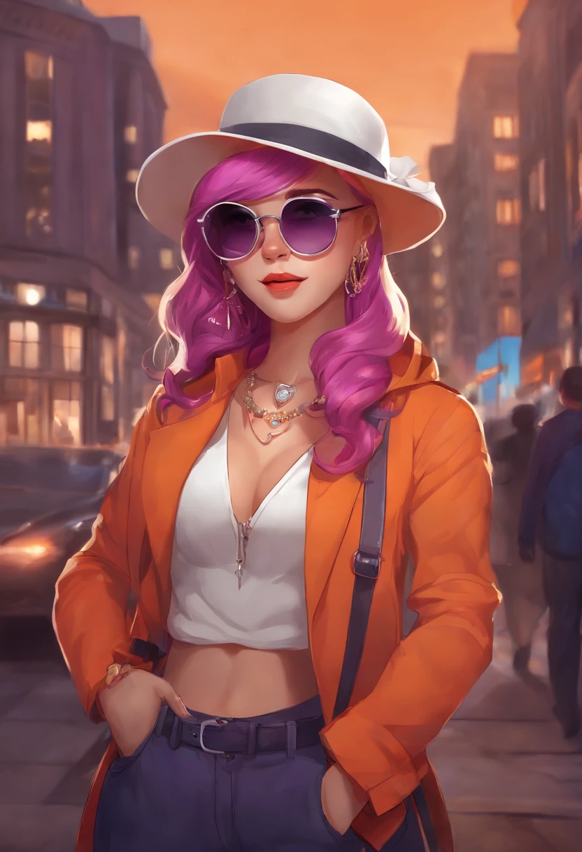 1girl, solo, yorigami jo'on, orange hair, drill hair, eyewear on head, orange eyes, jewelry, bow, white dress, purple jacket, pendant, earrings, hat, standing, hand on hip, looking at viewer, one eye closed, smirk, outdoors, city