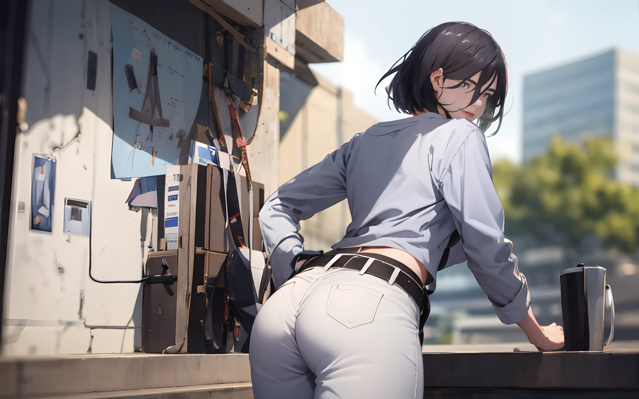 izumi_nase, short hair, black hair, purple eyes, jewelry, neckalce, blurry, ass, 1girl, depth_of_field, solo, blurry_background, looking_at_viewer, looking_back, blurry_foreground, pants, breasts, earrings, jacket, shirt, belt, from_behind, white_shirt, holding, blush, building, outdoors, bangs, thighs, motion_blur, sweat, parted_lips