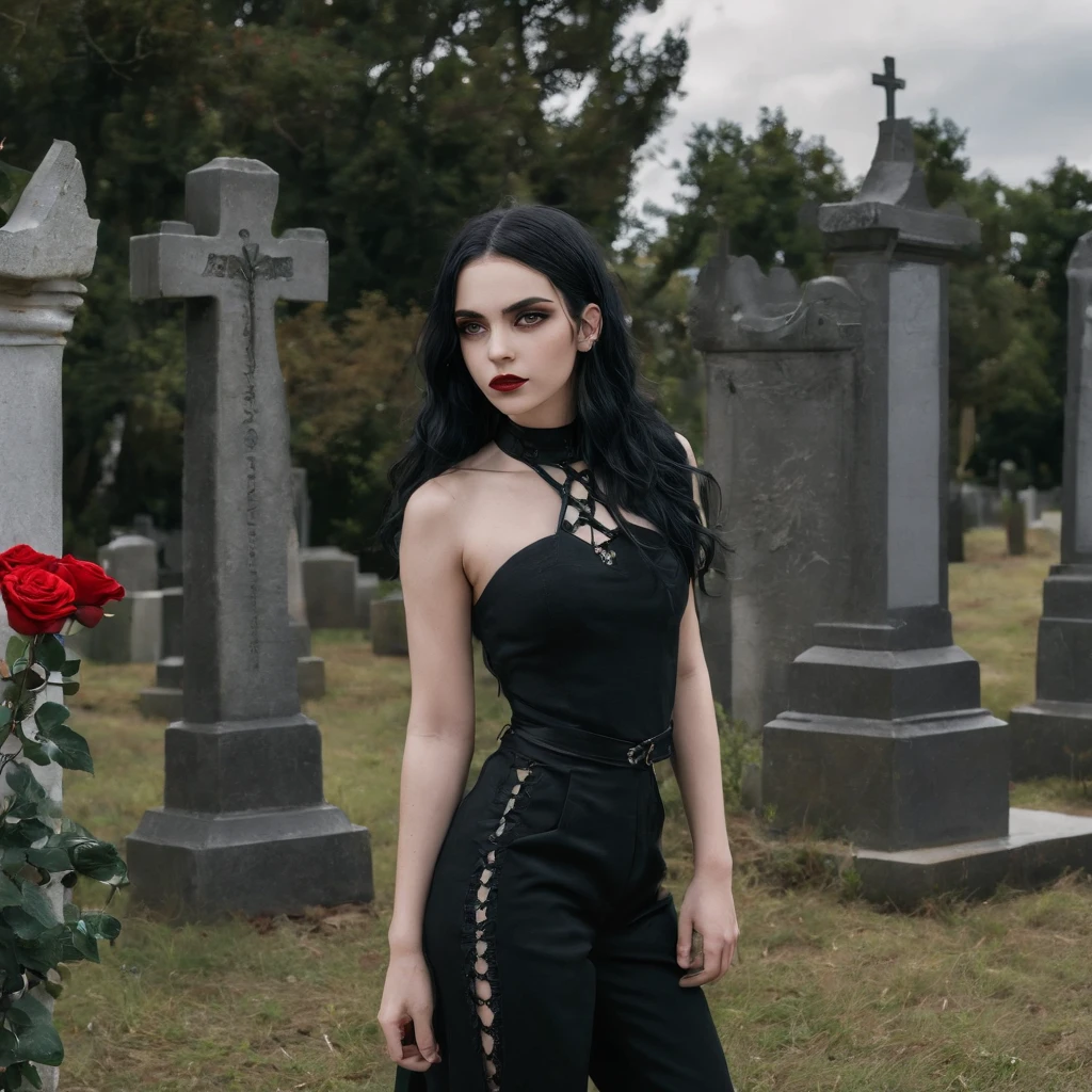 Girl of approximately 18 years sign of scorpio vibes, Morbid gothic clothes and intimidating look and confident smile, cabelos longos negros ondulados, cemetery background , cabelos pretos muito escuro, a rose on the head, sorriso confiante