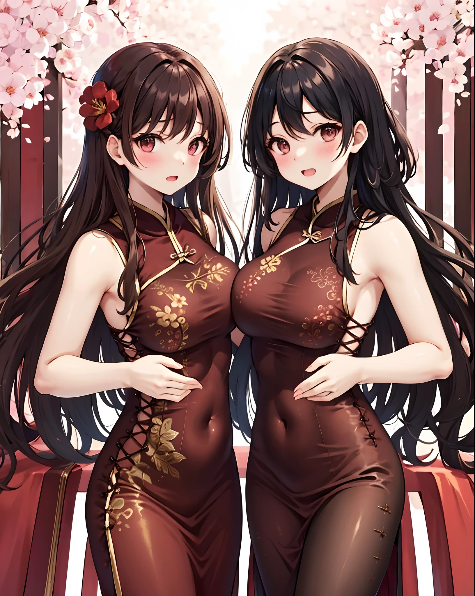 china dress, hazel eyes, brown hair, curly hair, very long hair, large breasts, blush ,hair flower,
outdoors, road, standing,hand on hip, multiple girls, identical sisters, clones, matching outfits, matching hairstyles, matching faces