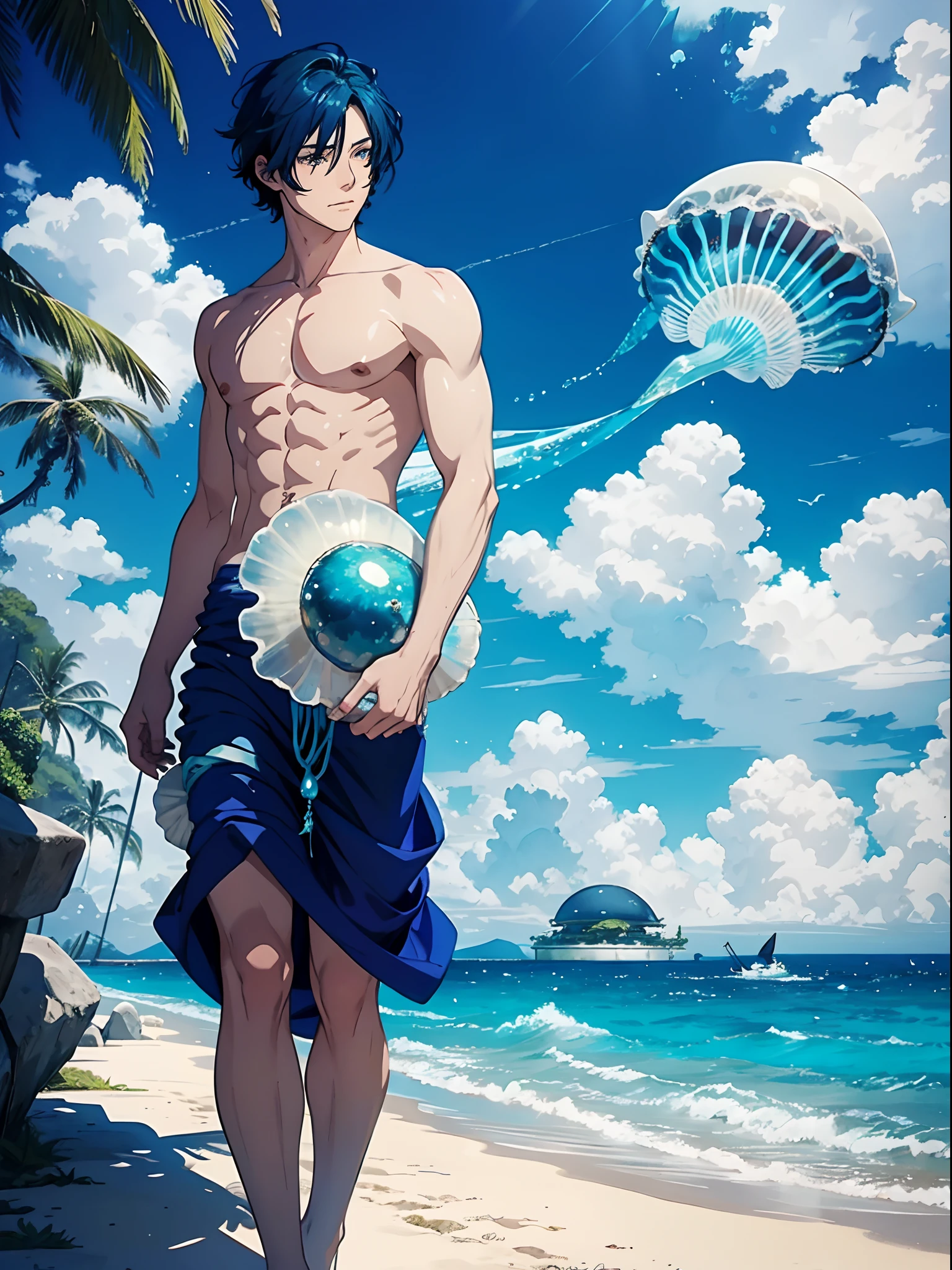 cerulean sea, snow white sand, beautiful anime guy, huge seashells, jellyfish