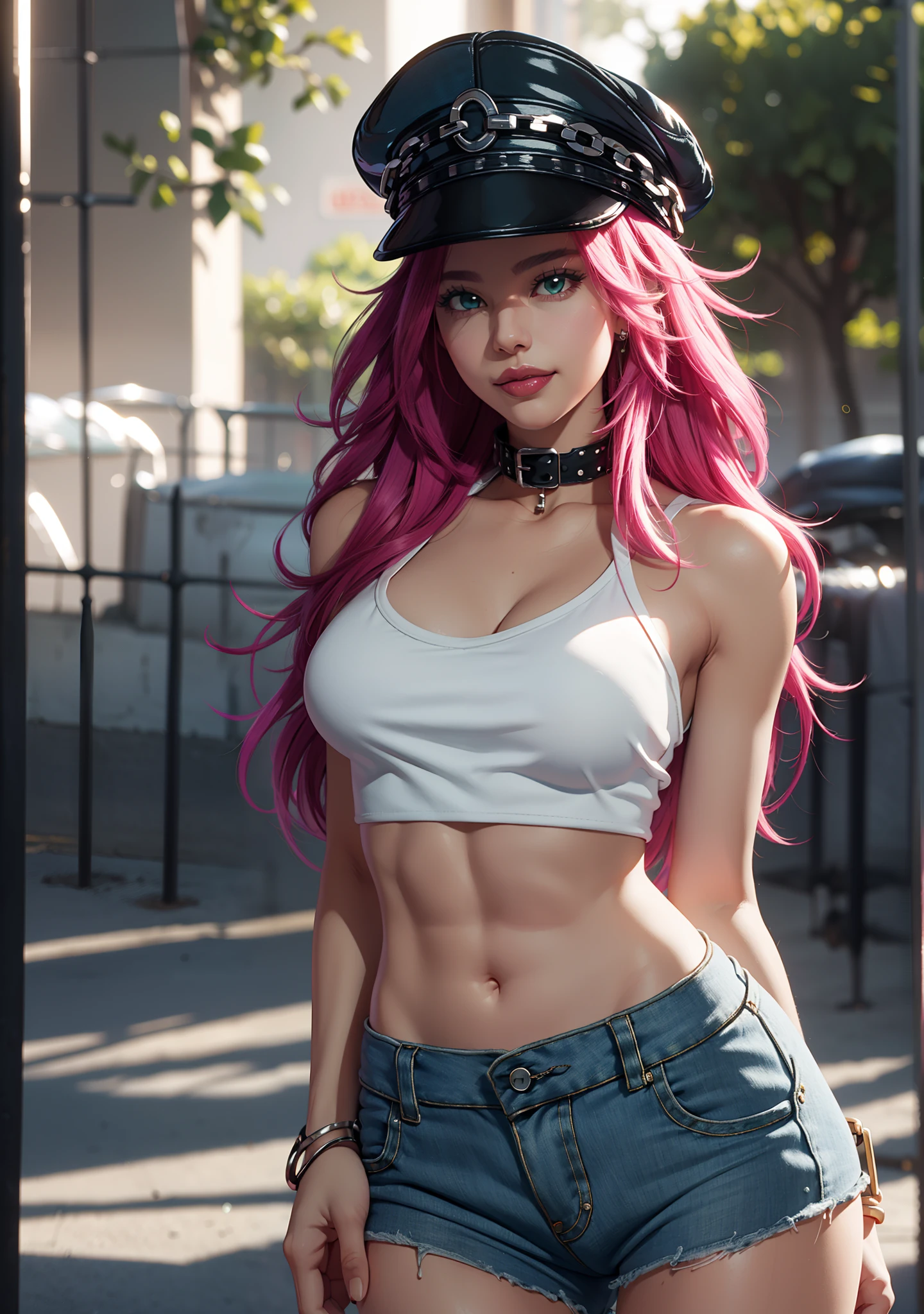 masterpiece, ultra high quality cg, best quality, perfect image, 1 beautiful woman, poison (sf), smiling, sexy breast, sexy ass, peaked cap, collar, green crop top, denim shorts, back view, flirty look