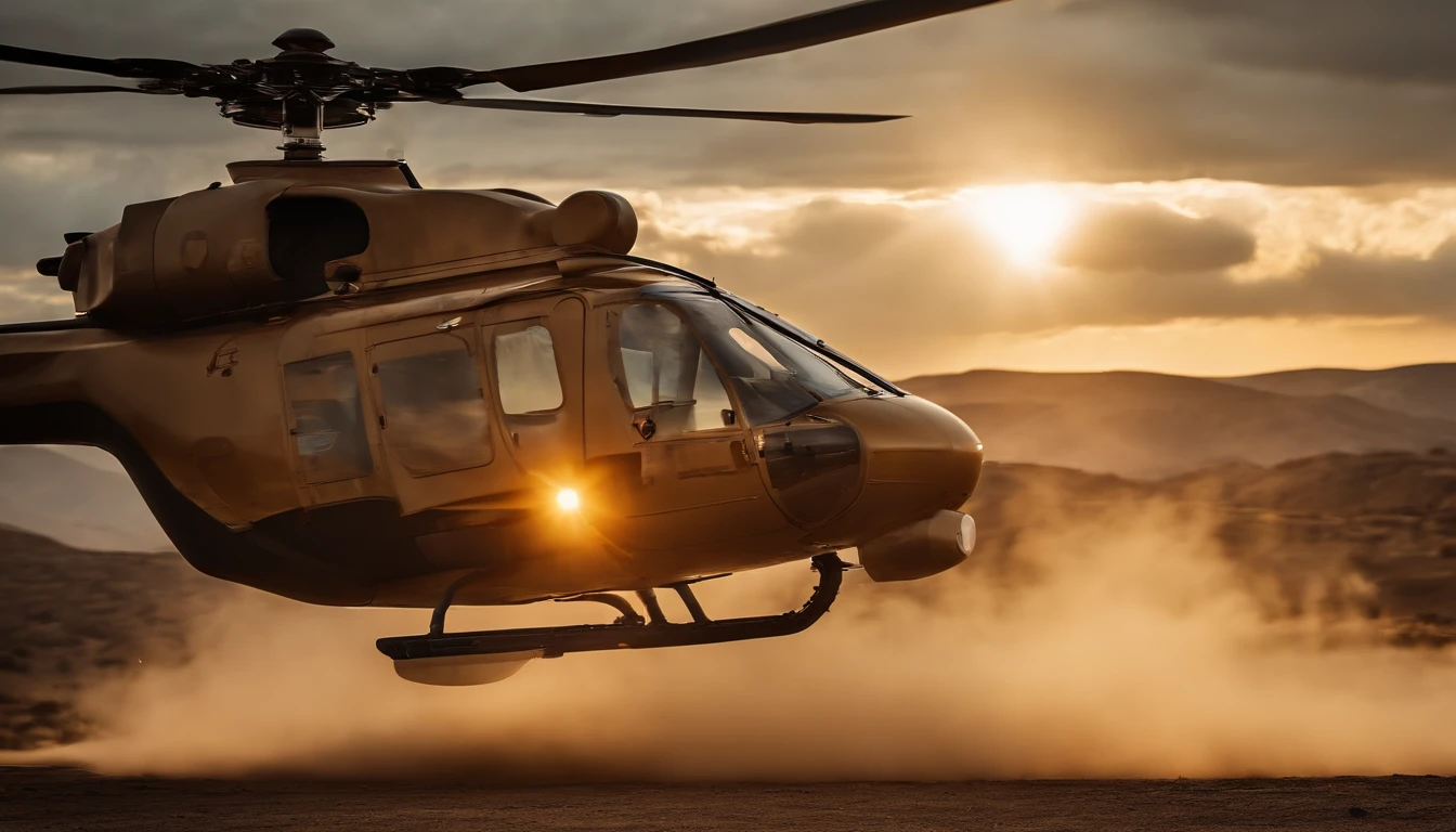 The sun is setting in the sky. Army helicopters fly overhead. Spotlights from the ground illuminate some helicopters. Tracer bullet streaks. soft colors, film texture, and clear focus. very realistic photo --ar 16:9