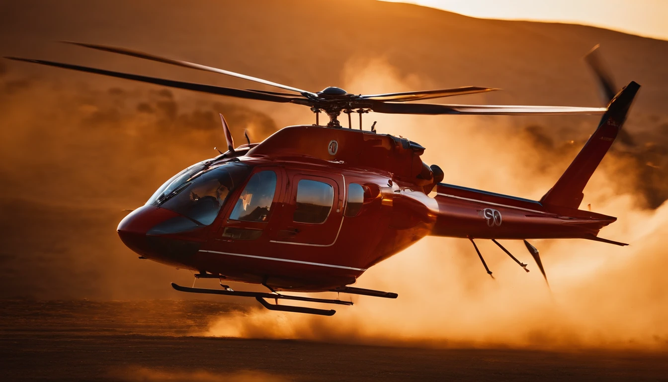 helicopter landing, dramatic sunset lighting, intense action, powerful rotors spinning, precise landing gear, detailed cockpit, brave pilot, rugged terrain, dusty winds, dynamic motion blur, highres, vivid colors, professional photography style, strong diagonal composition, epic moment, energetic atmosphere, dramatic contrast, intense anticipation, dynamic angles, fast-paced motion, thrilling adventure, adrenaline rush
