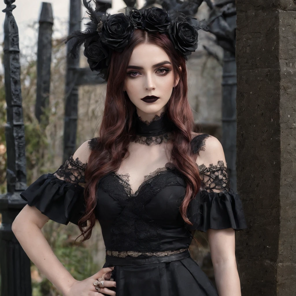 Girl of approximately 18 years sign of scorpio vibes, Morbid gothic clothes and intimidating look and confident smile, cabelos longos negros ondulados, cemetery background , cabelos pretos muito escuro, a rose on the head, sorriso confiante, cabelos pretos escuros ondulados