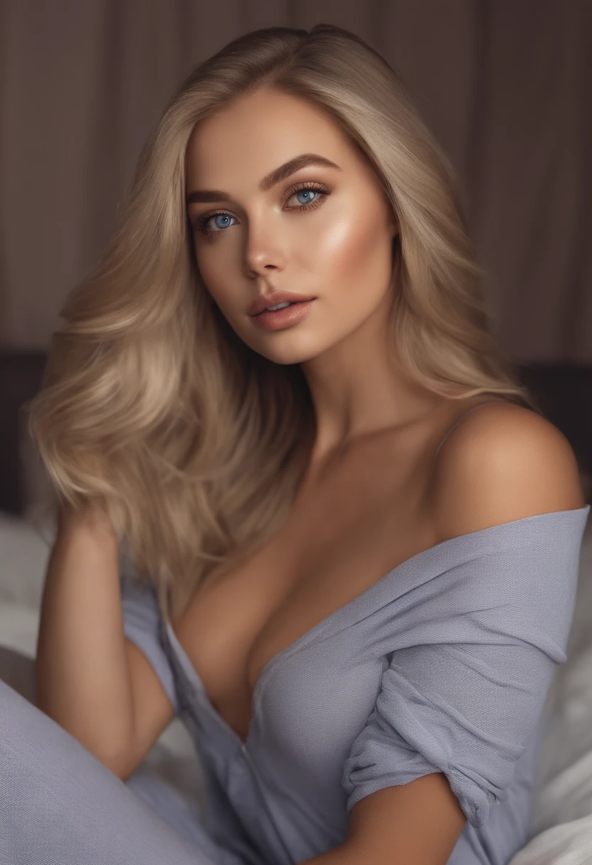 arafed woman fully , sexy girl with blue eyes, ultra realistic, meticulously detailed, portrait sophie mudd, blonde hair and large eyes, selfie of a young woman, bedroom eyes, violet myers, without makeup, natural makeup, looking directly at the camera, face with artgram, subtle makeup, stunning full body shot kneeling on bed, in bedroom, medium to large size bust