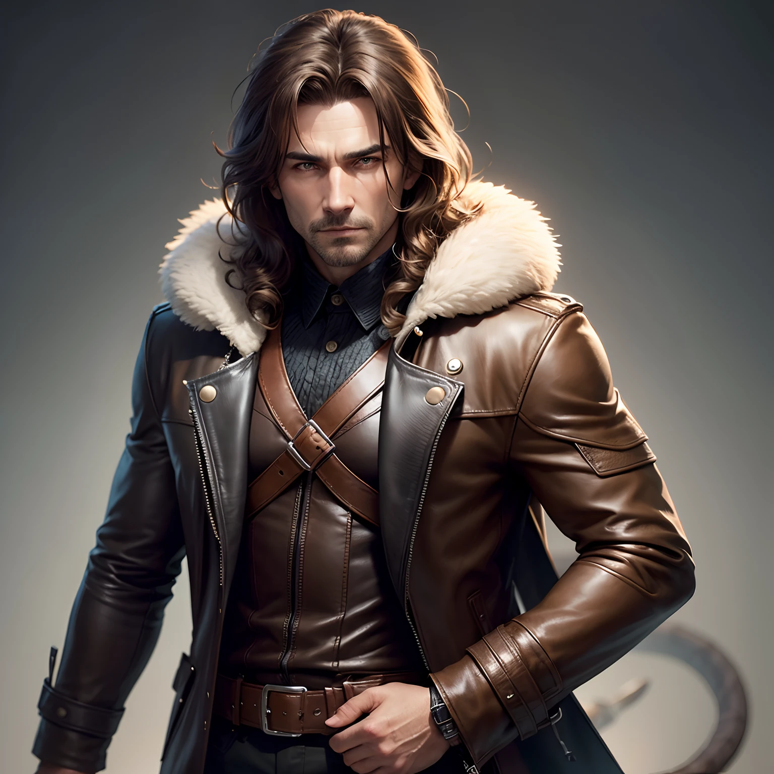 Snake Briskin　Sharp eye light　age 40s　male people　Leather coat　FULL BODYSHOT　Hair wavy　Brown hair