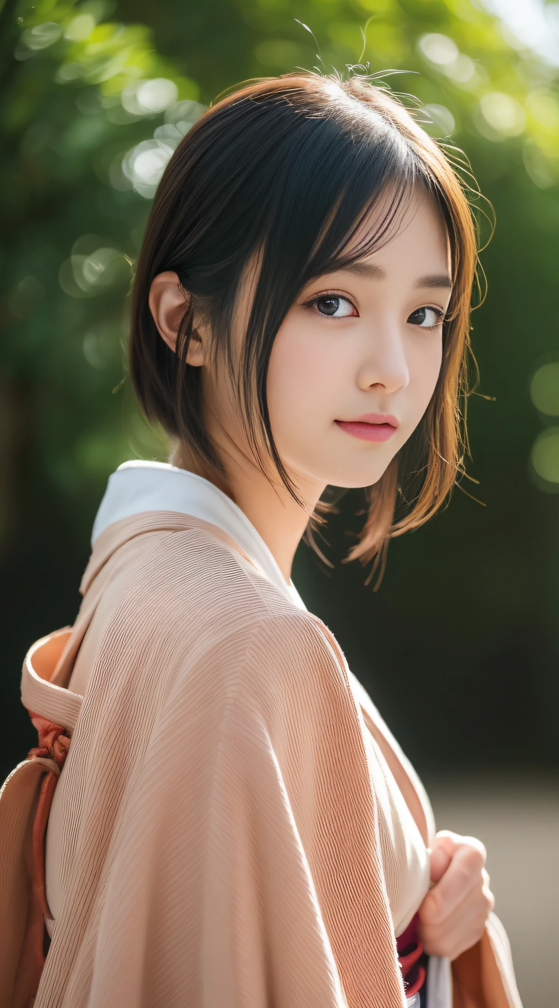 (((32k,high detal,high-detail、masterpiece,Attention to detail,full body Esbian,独奏))),Raw photo & realistic atmosphere,beautiful dark blue eyes,Detailed mouth,Glossy lips,Detailed eyebrows,Eyes drawn in detail with soft white skin that shines with every detail、Very beautiful eyes with azure eyes,Detailed lips、Very beautiful face,Very well-formed face、Lifelike face,shiny beautiful lips,Beautiful eyebrows,Infinite reality, Realistic Young Gravure Idol,Very cute high school girl, , Young Sensual Gravure Idol, Young Gravure Idol, extremely beautiful and cute17-year-old pointed beautiful girl,with a flushed face,Incredibly beautiful and classy17 year old beautiful girl,natural soft light,(Black shiny hair,,bare-legged,Kendo kimono and hakama,Beautiful kind eyes:1.5),(youthfulness,Wearing kendo equipment,Exposed thighs,Thighs protruding from hakama,Gentle smile,well-shaped breasts,,Immature body,Japan samurai kimono,Japanese style berry shorthair,Hang your hair high and tie it into one,Beautiful posture,posterior view,facing back,no-makeup,woman samurai,woman swordsman,Influence of Shinsengumi,Looking into the distance,Japanese pattern haori,Depression:1.6)